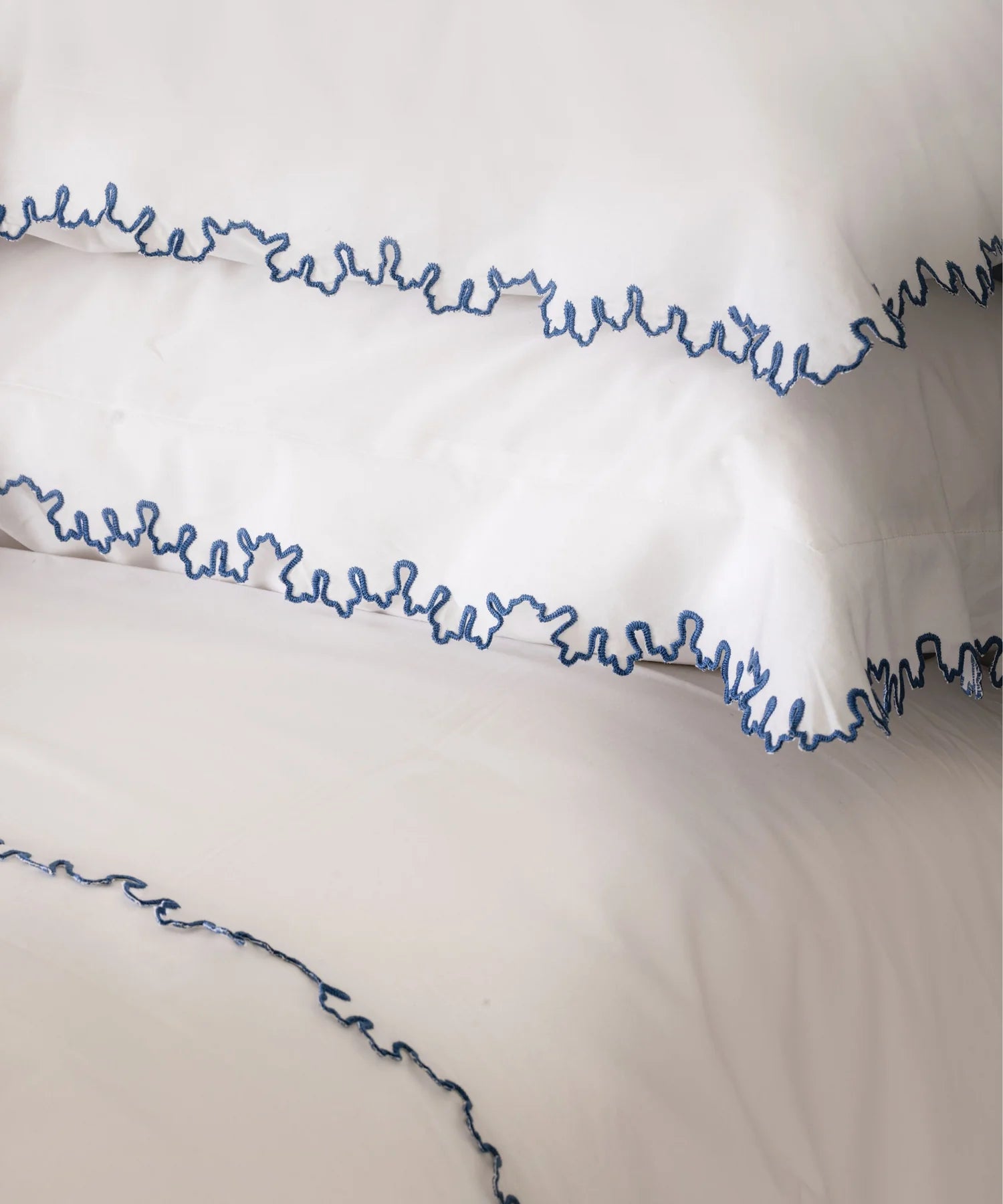Thea Scalloped Pillowcase, Denim Blue, Embroidery Detail