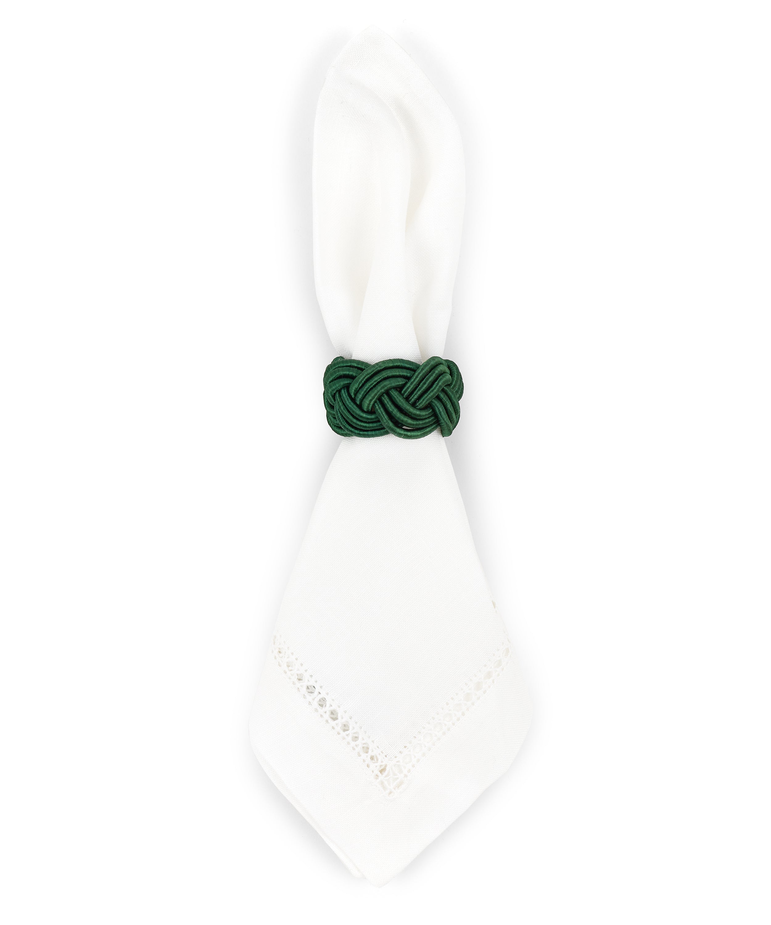 Rebecca Udall Set of 4 Braided Napkin Rings, Fir Green with Napkin, White Background