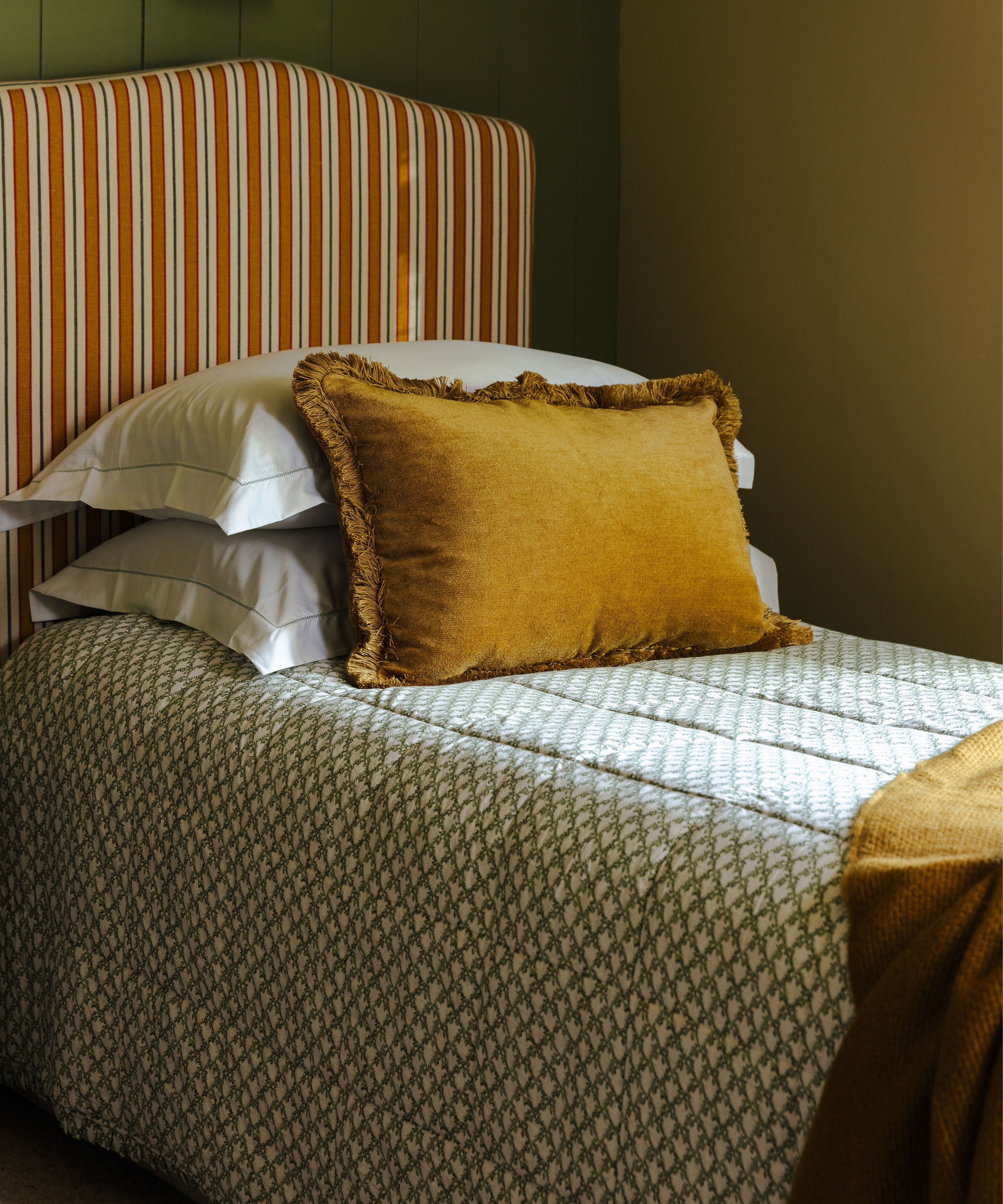 Clara Pleated Quilted Cotton Bedspread, Sage, with Velvet Cushion, Bed Lifestyle