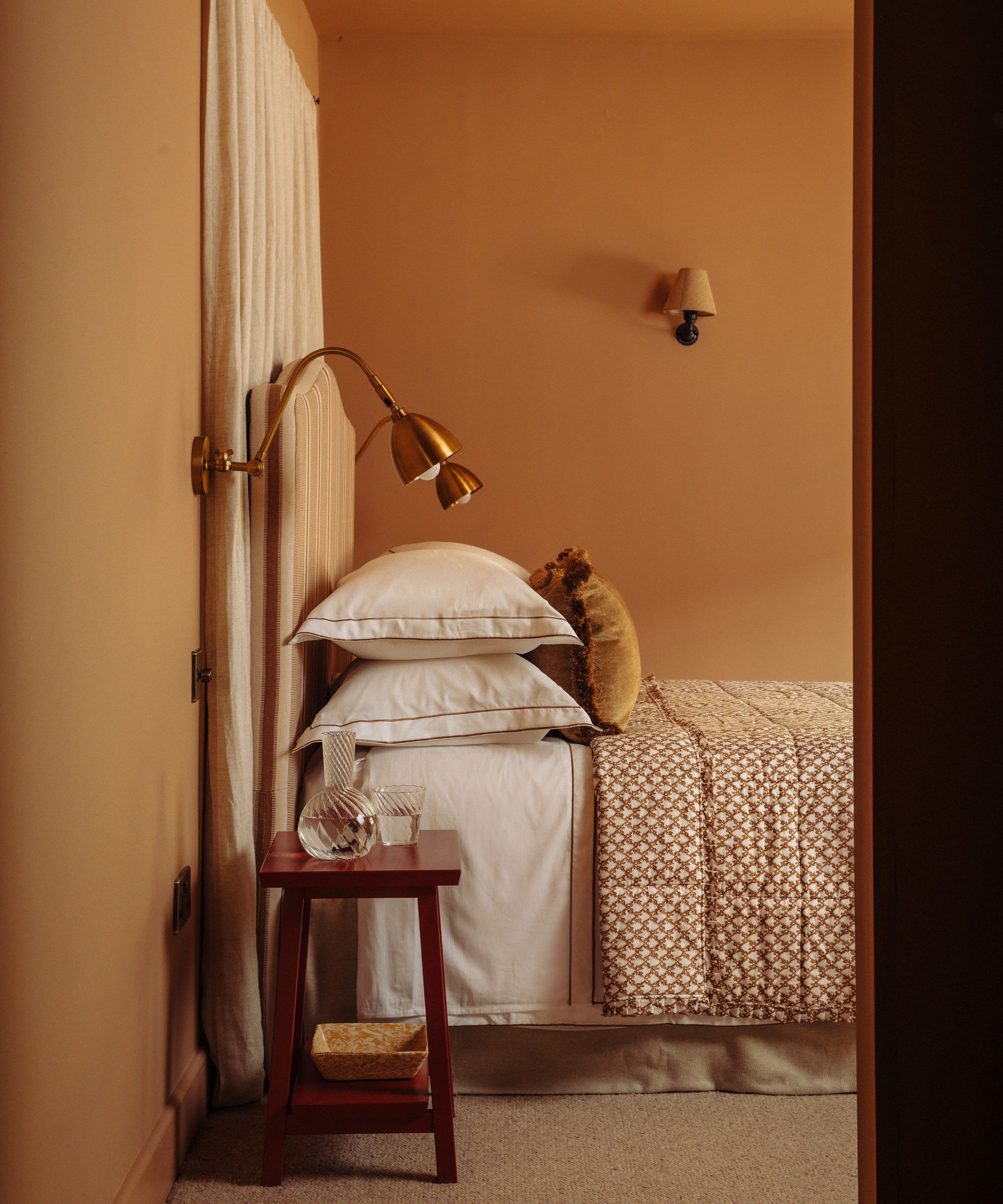 Clara Pleated Quilted Cotton Bedspread, Tobacco, with Water Carafe