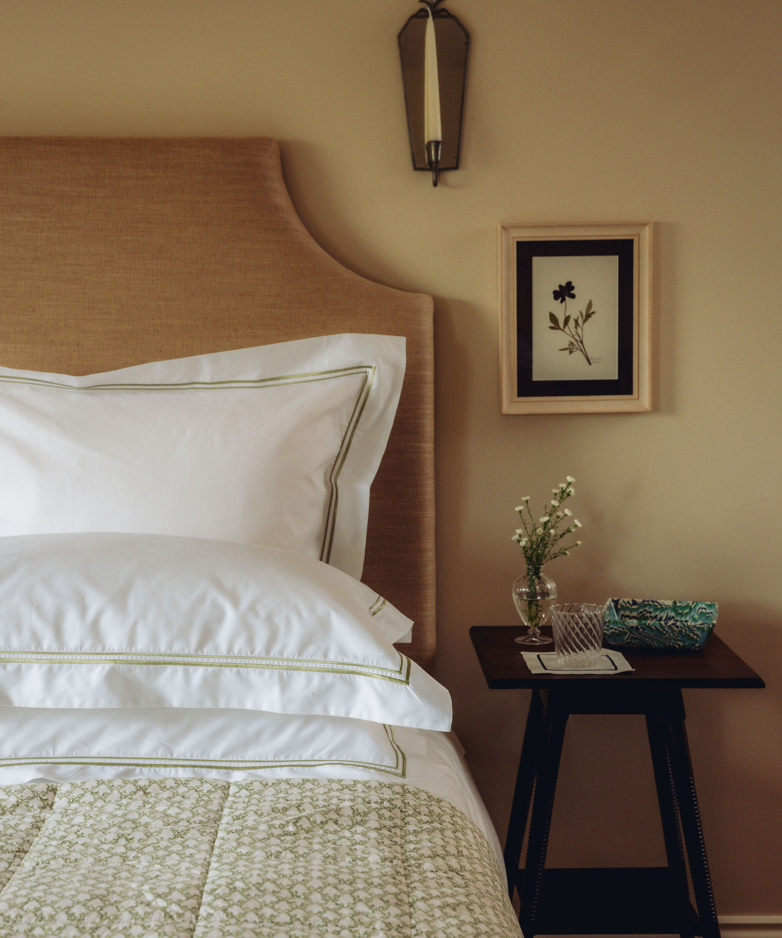 Clara Pleated Quilted Cotton Bedspread, Sage, with Bud Vase
