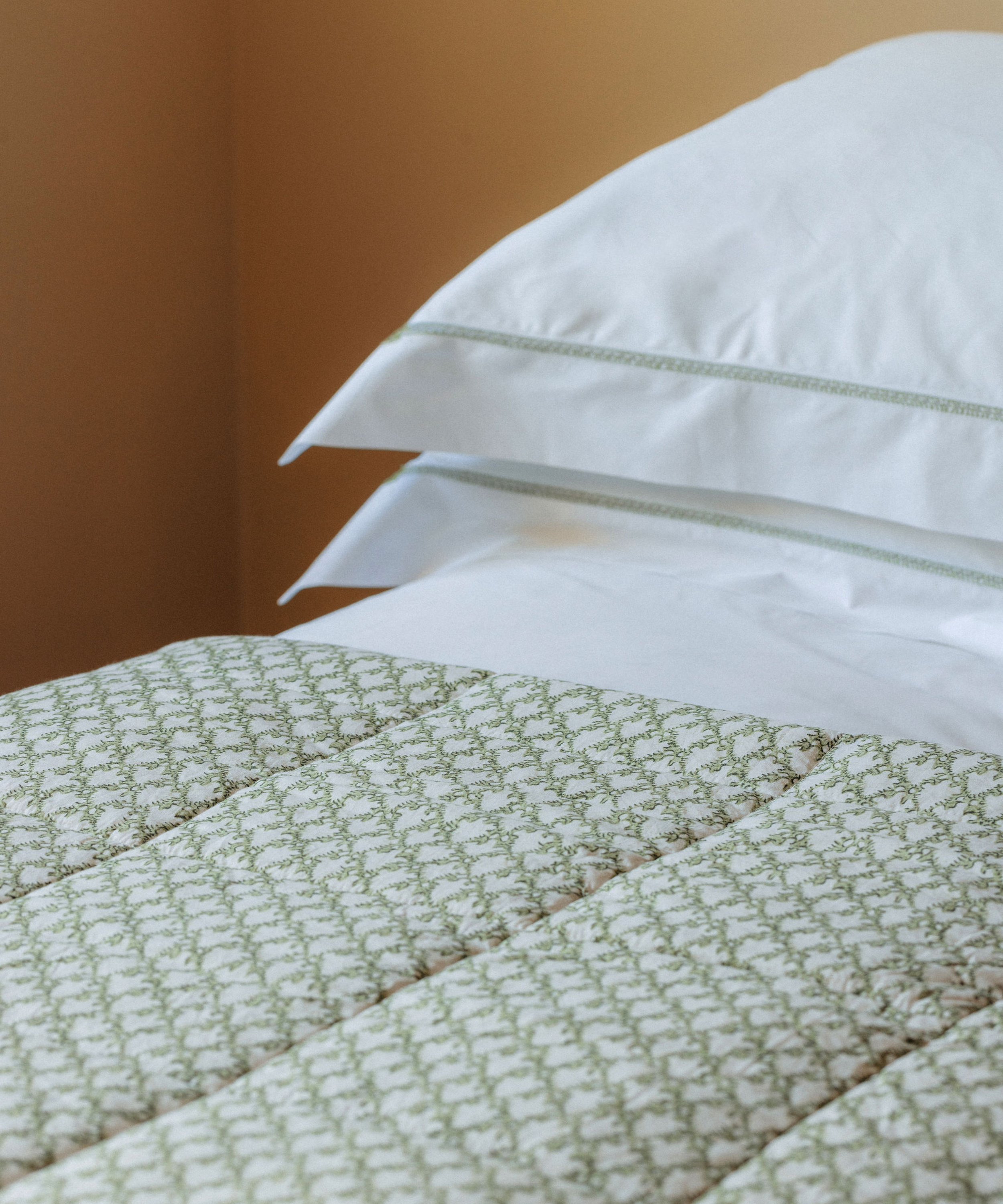Clara Pleated Quilted Cotton Bedspread, Sage, with Georgiana Bed Linen