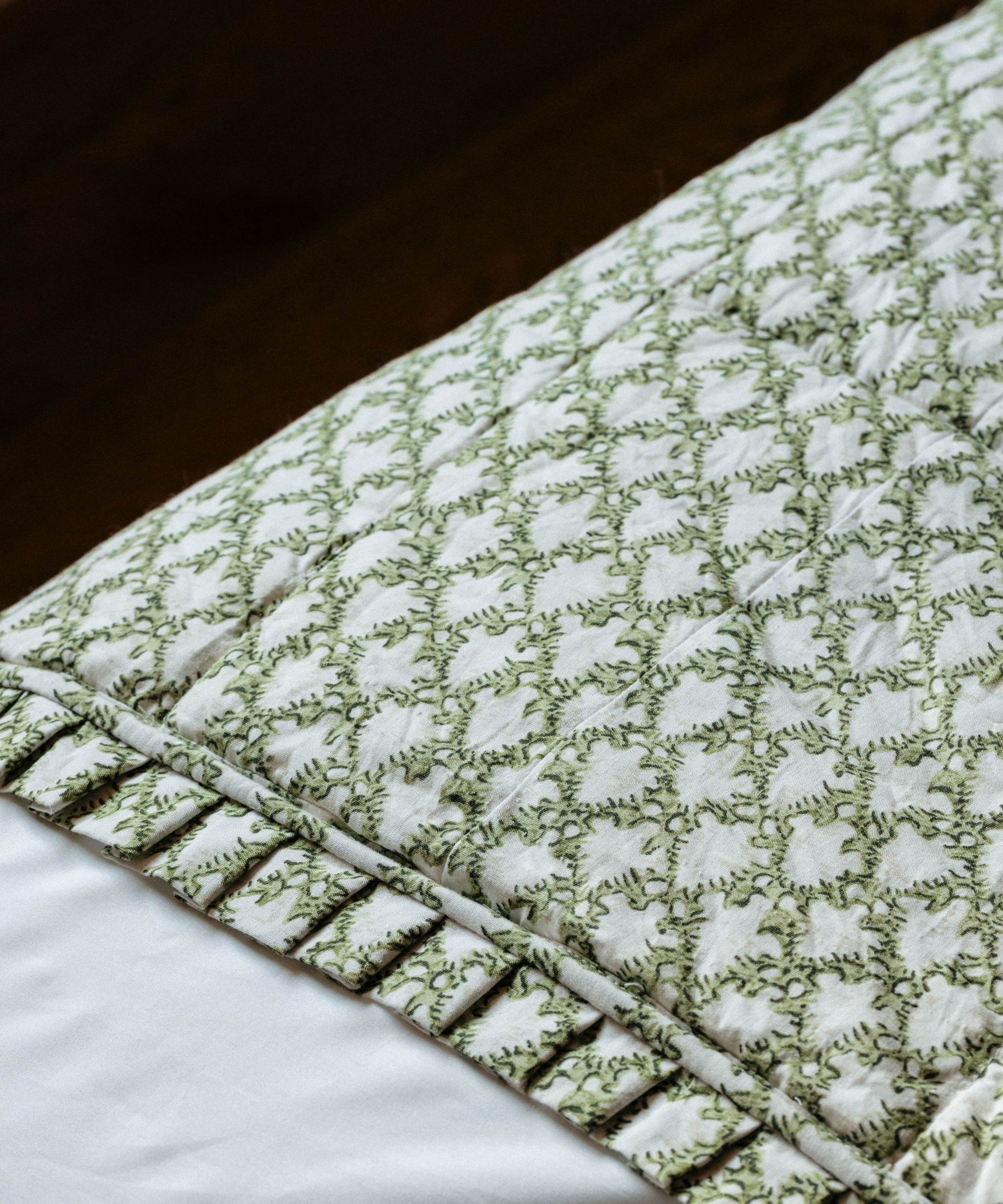Clara Pleated Quilted Cotton Bedspread, Sage, Detail
