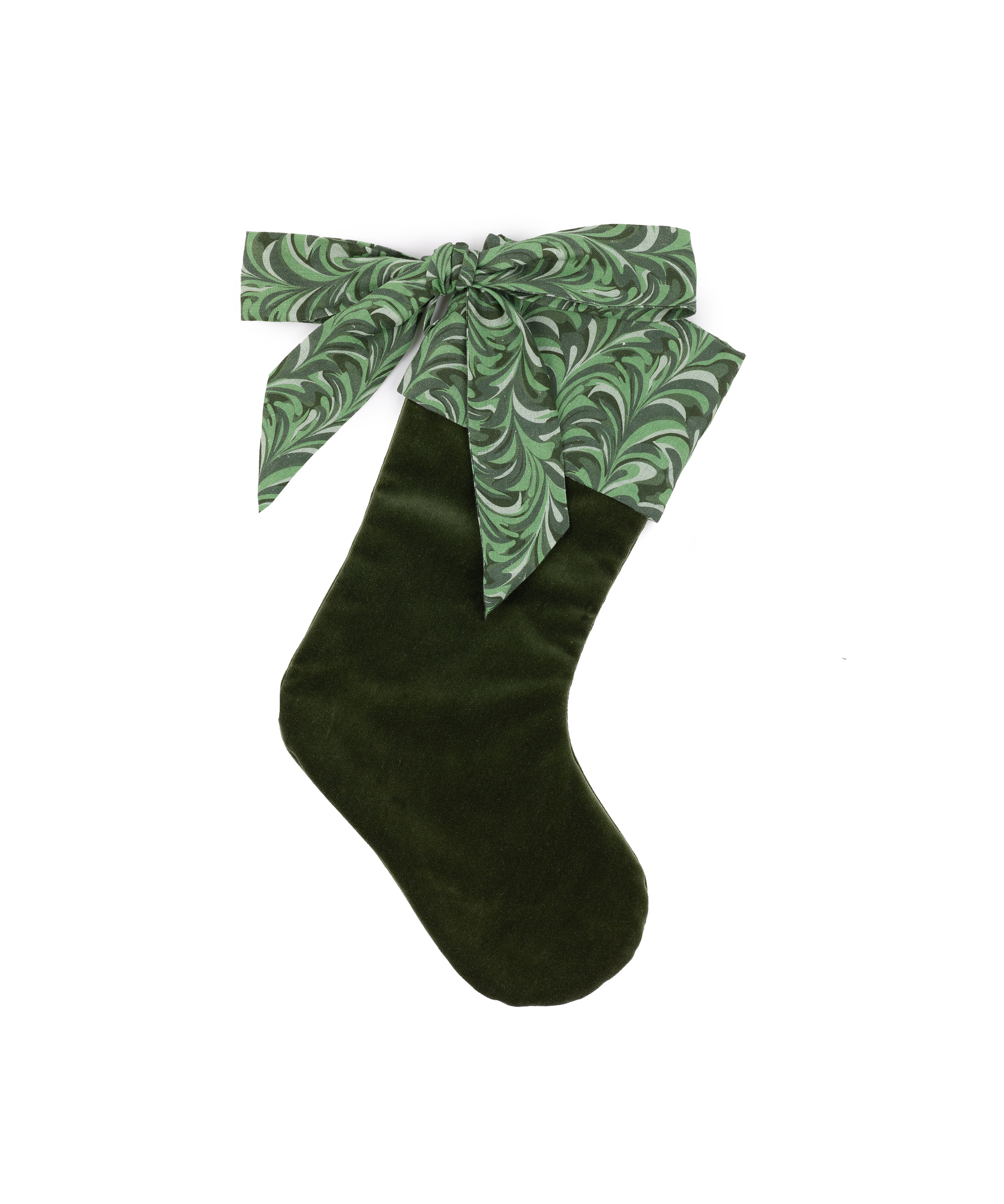 Marble Linen & Velvet Bow Christmas Stocking, Green