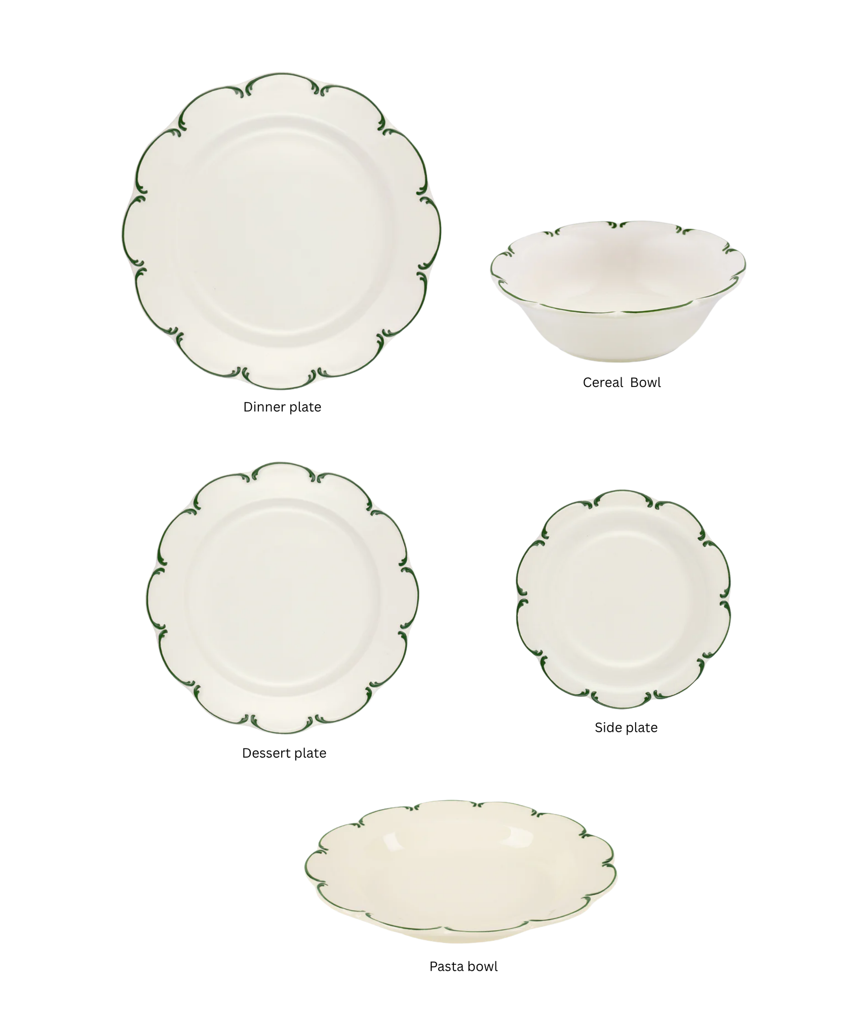 Olivia Scalloped Crockery, Green Filet