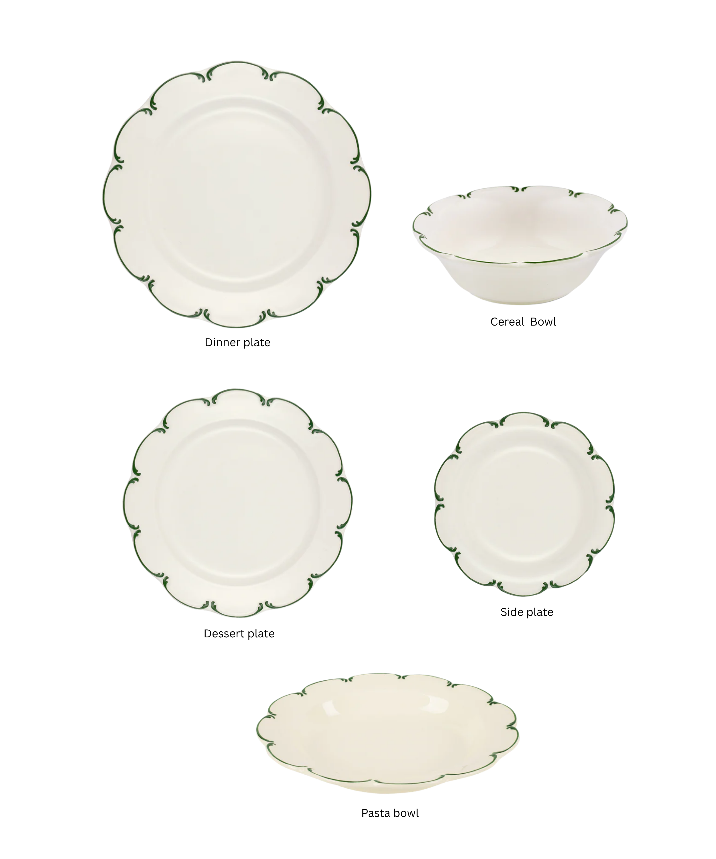 Olivia Scalloped Crockery, Green Filet