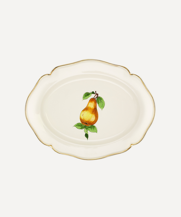 Rebecca Udall Luxury hand painted pear platter with gold boarder trim