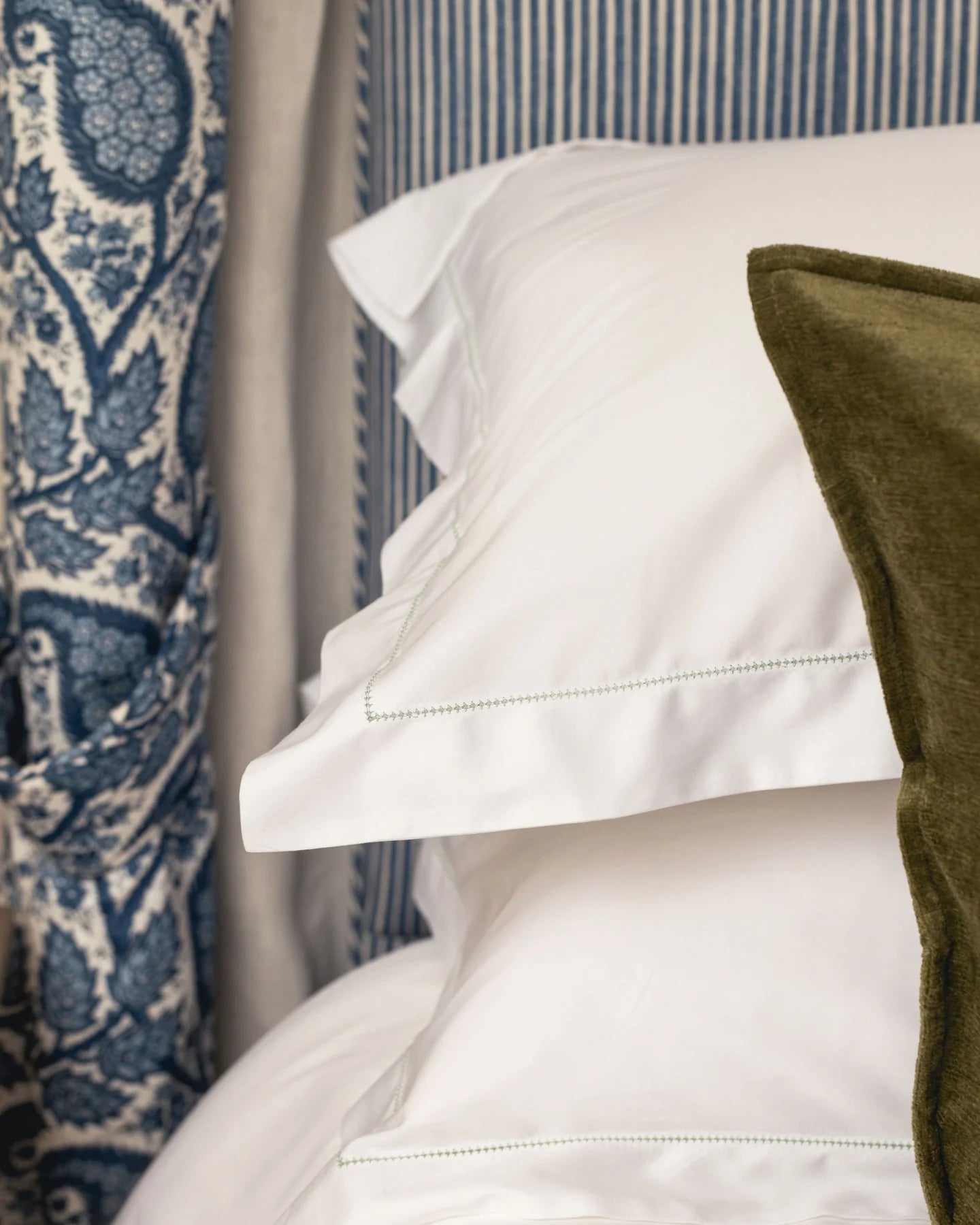 Porto Hemstitch Pillowcases, Frost Green, Bedroom Lifestyle