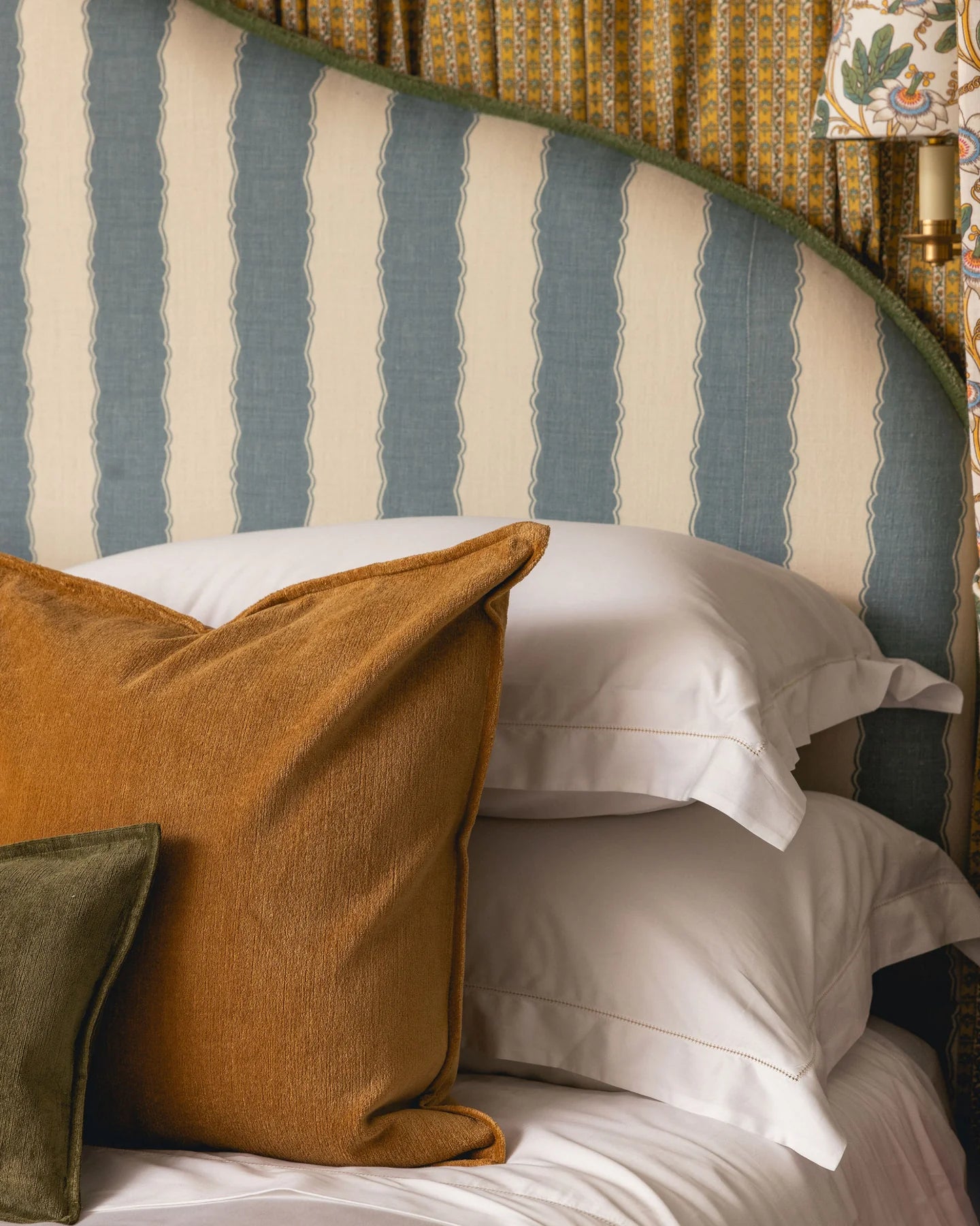 Porto Hemstitch Pillowcases, Straw, with Verity Cushion, Lifestyle