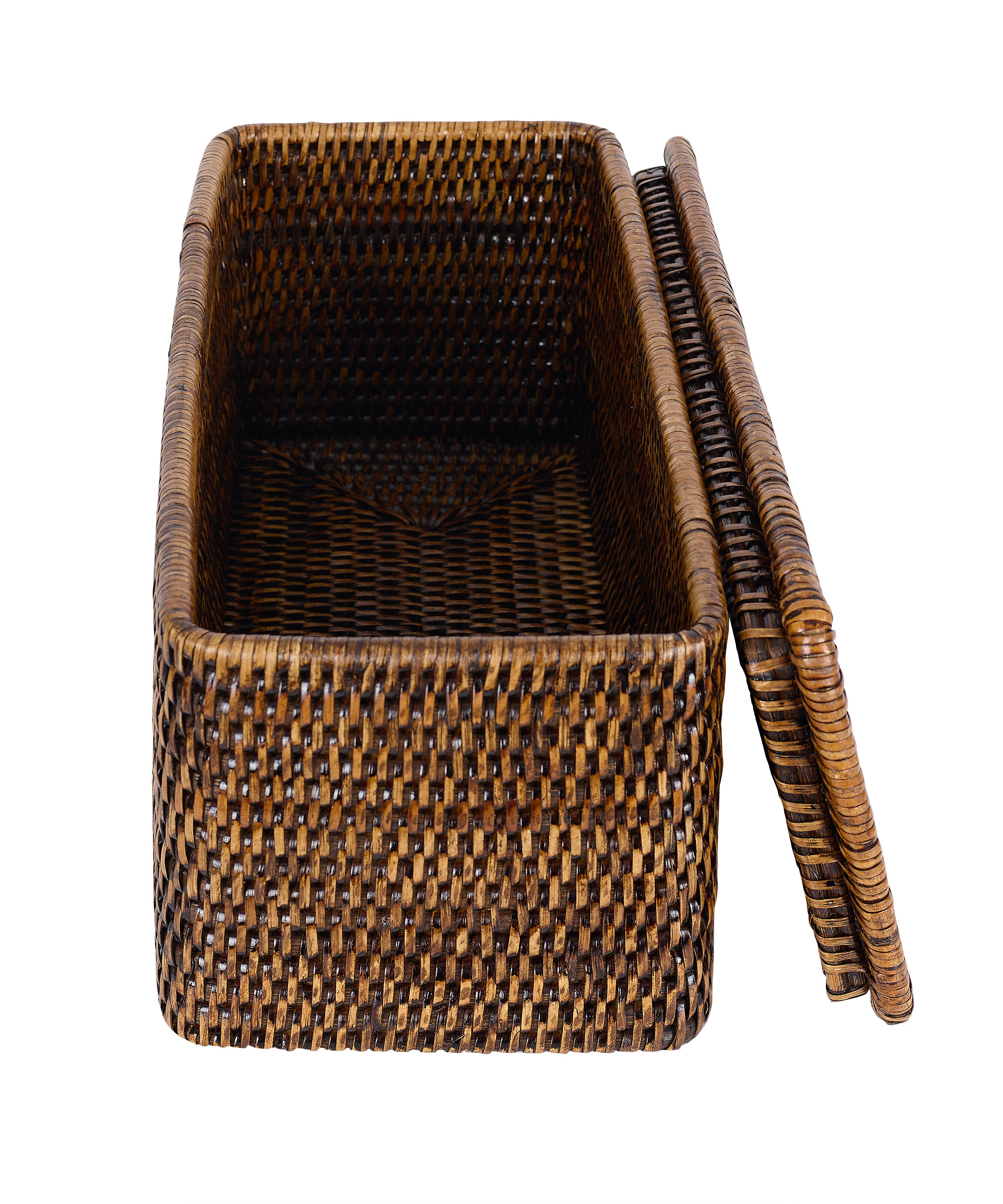 Rebecca Udall Luxury Handwoven Rattan wicker organisation storage boxes with lid. Dark Brown
