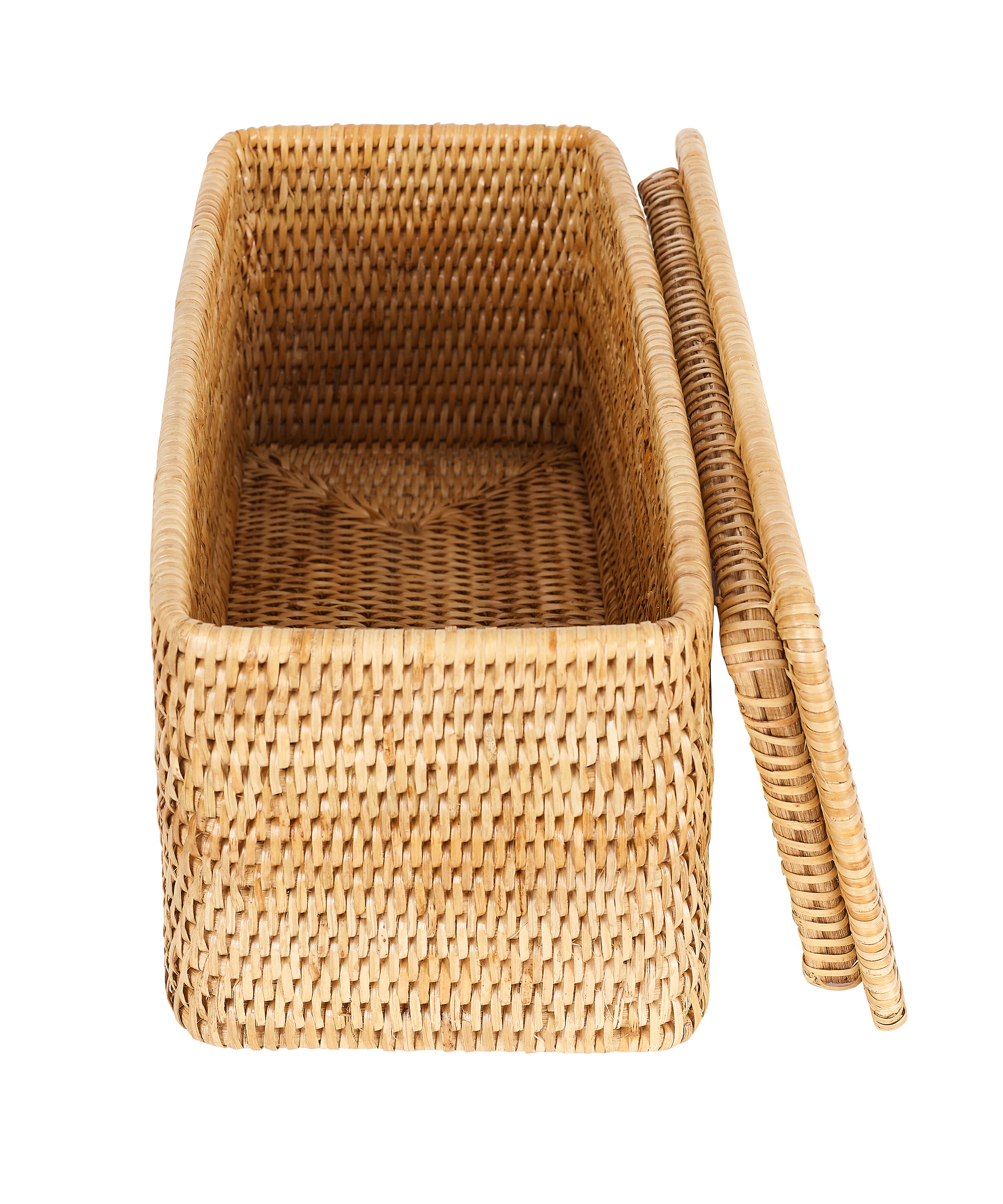 Rebecca Udall Luxury Rattan wicker interior storage boxes trays draws organisation with lid. Natural