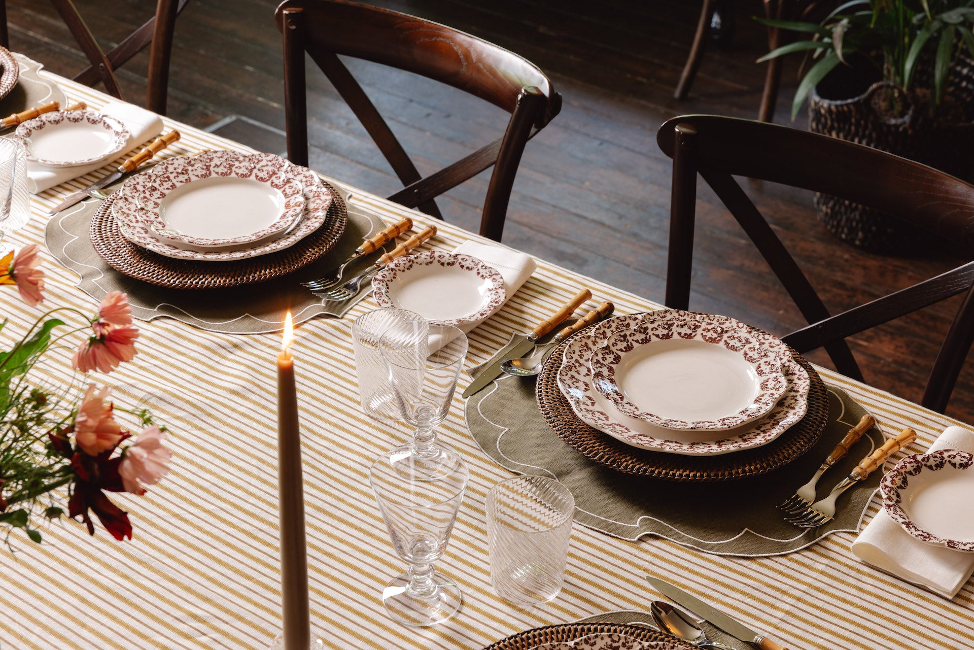 Rebecca Udall Pair of Francesca Waxed Linen Placemats, Olive with Bamboo Handle Cutlery