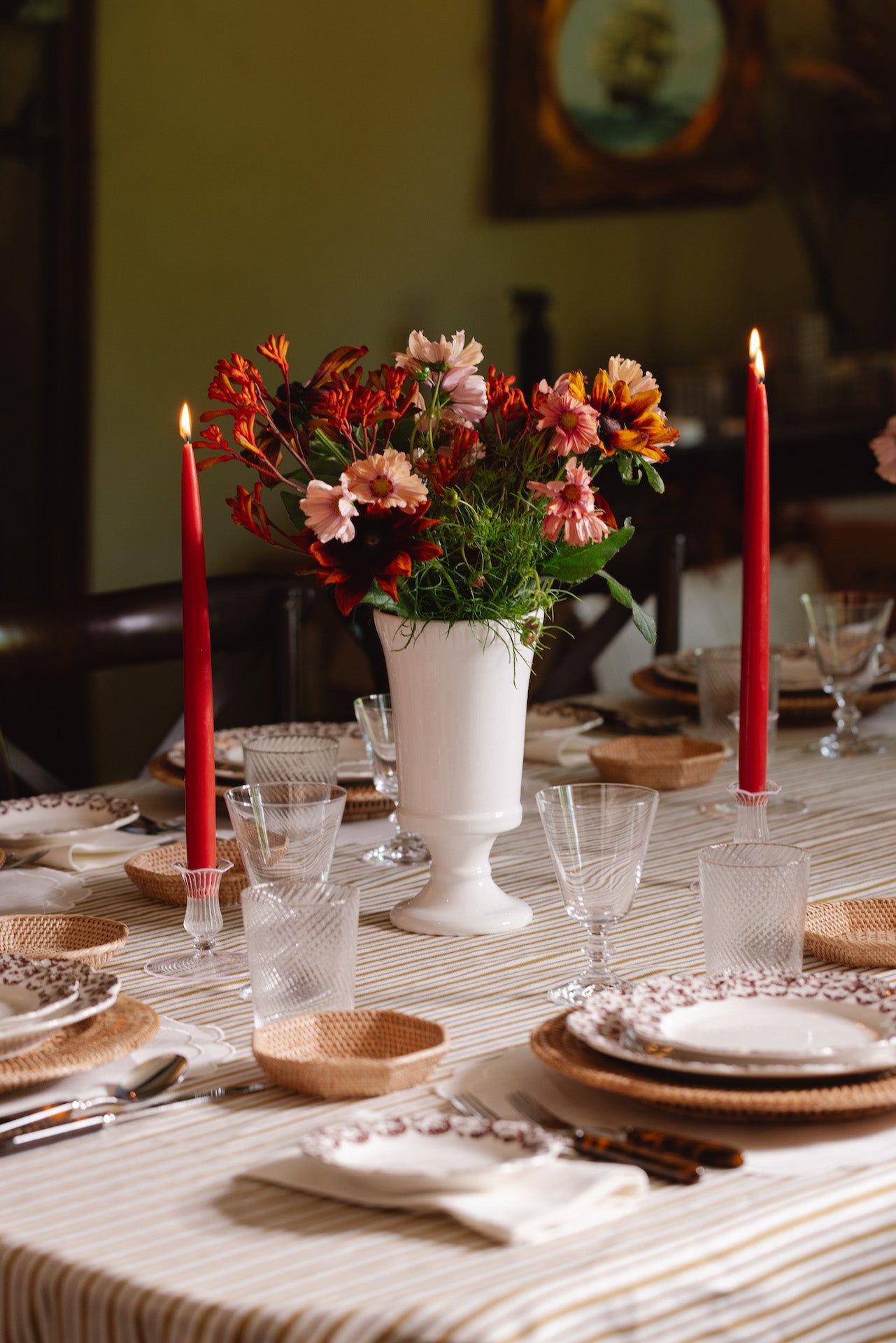 Rebecca Udall Set of 6 Danish Taper Candles, Burnt Orange with the Flora Ceramic Vase