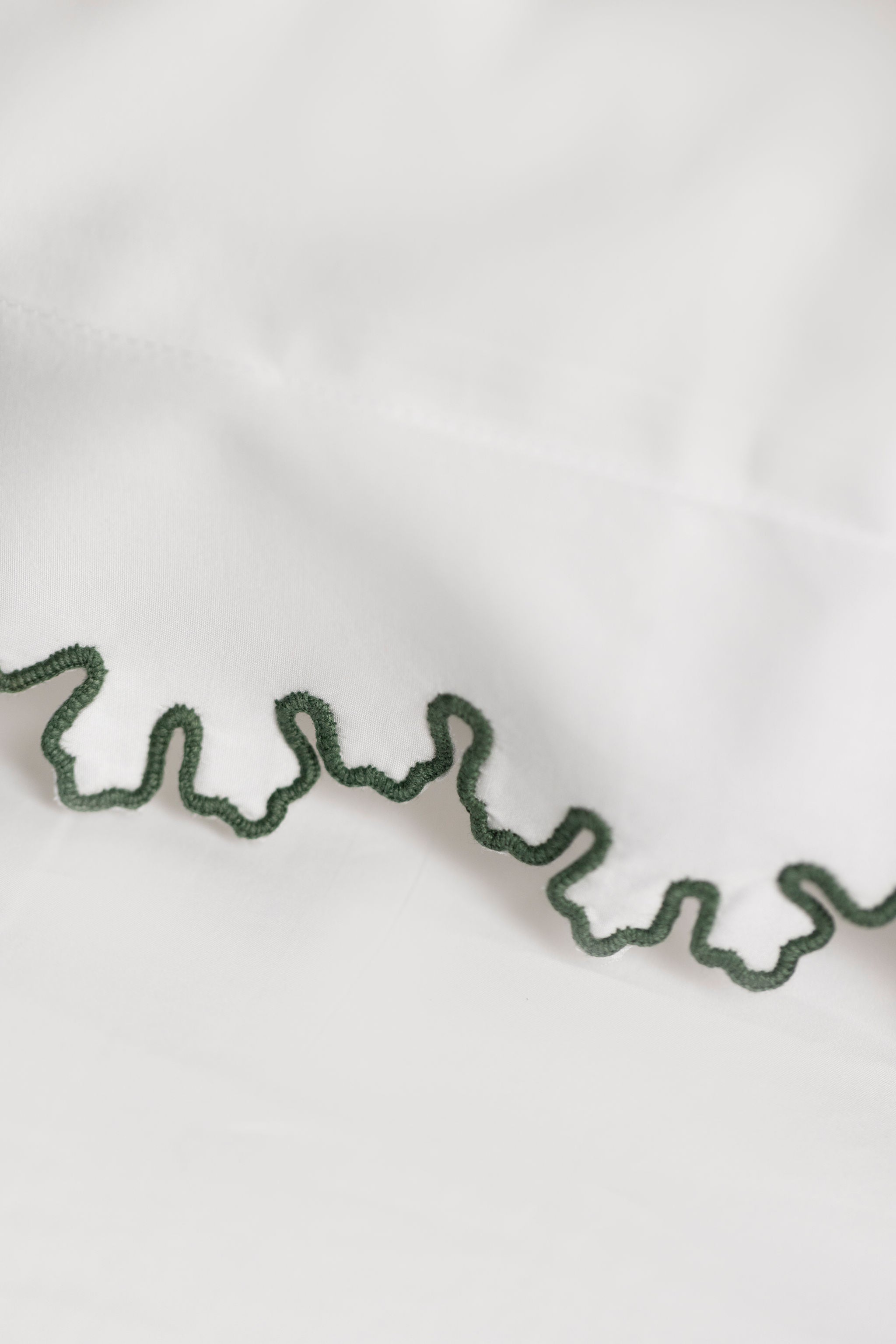Rebecca Udall, Thea Scalloped Boudoir Pillowcase, Fern Green Embroidery Detail