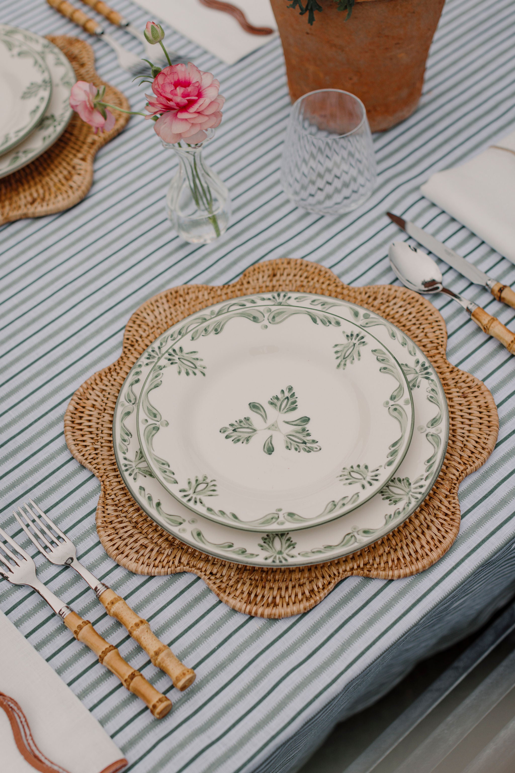 Rebecca Udall Victoria Striped Linen Tablecloth, Chalk & Moss Green with Bamboo Handle Cutlery