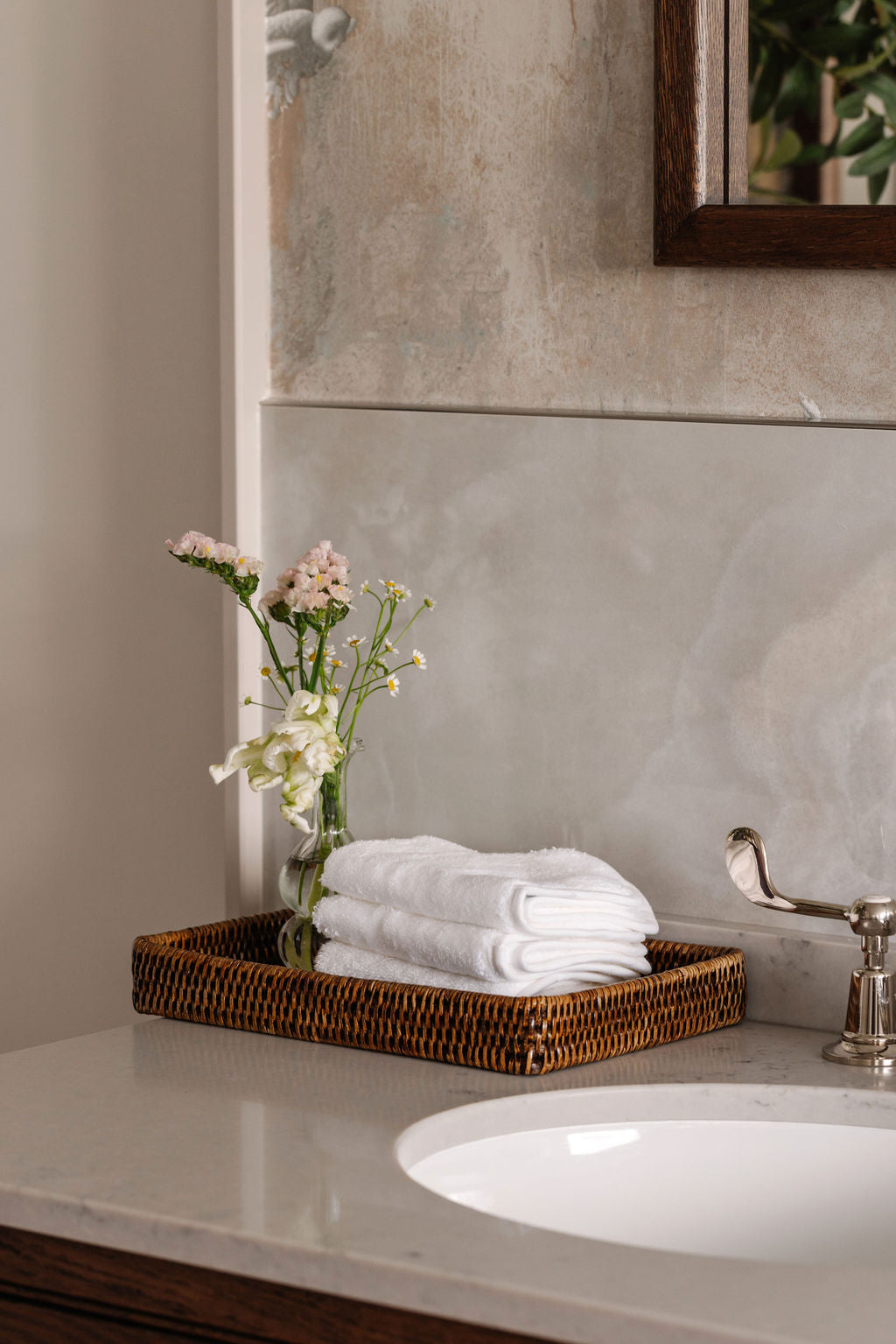 Rebecca Udall Handwoven Rattan Wicker Decoration Tray Bathroom Scene