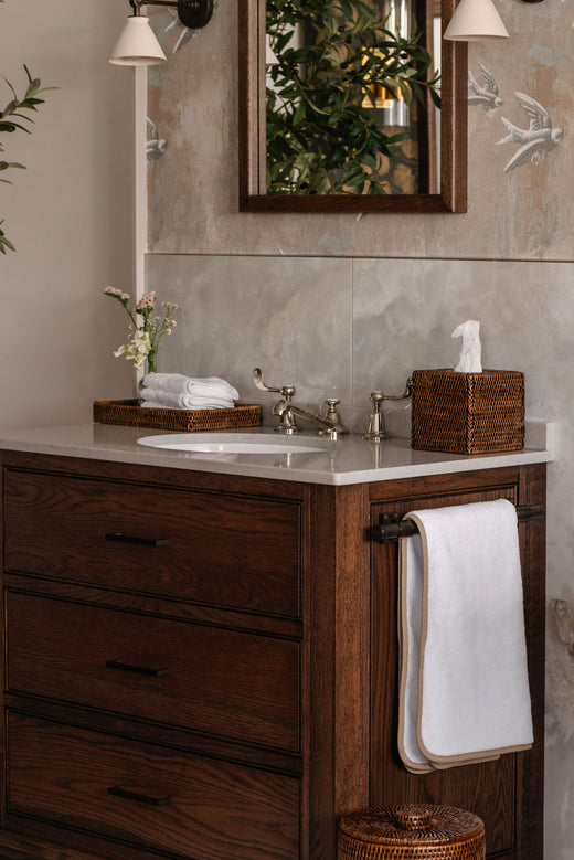 Rebecca Udall Luxury Heritage Handwoven Rattan Decoration Tray  with Georgina Bath Towels