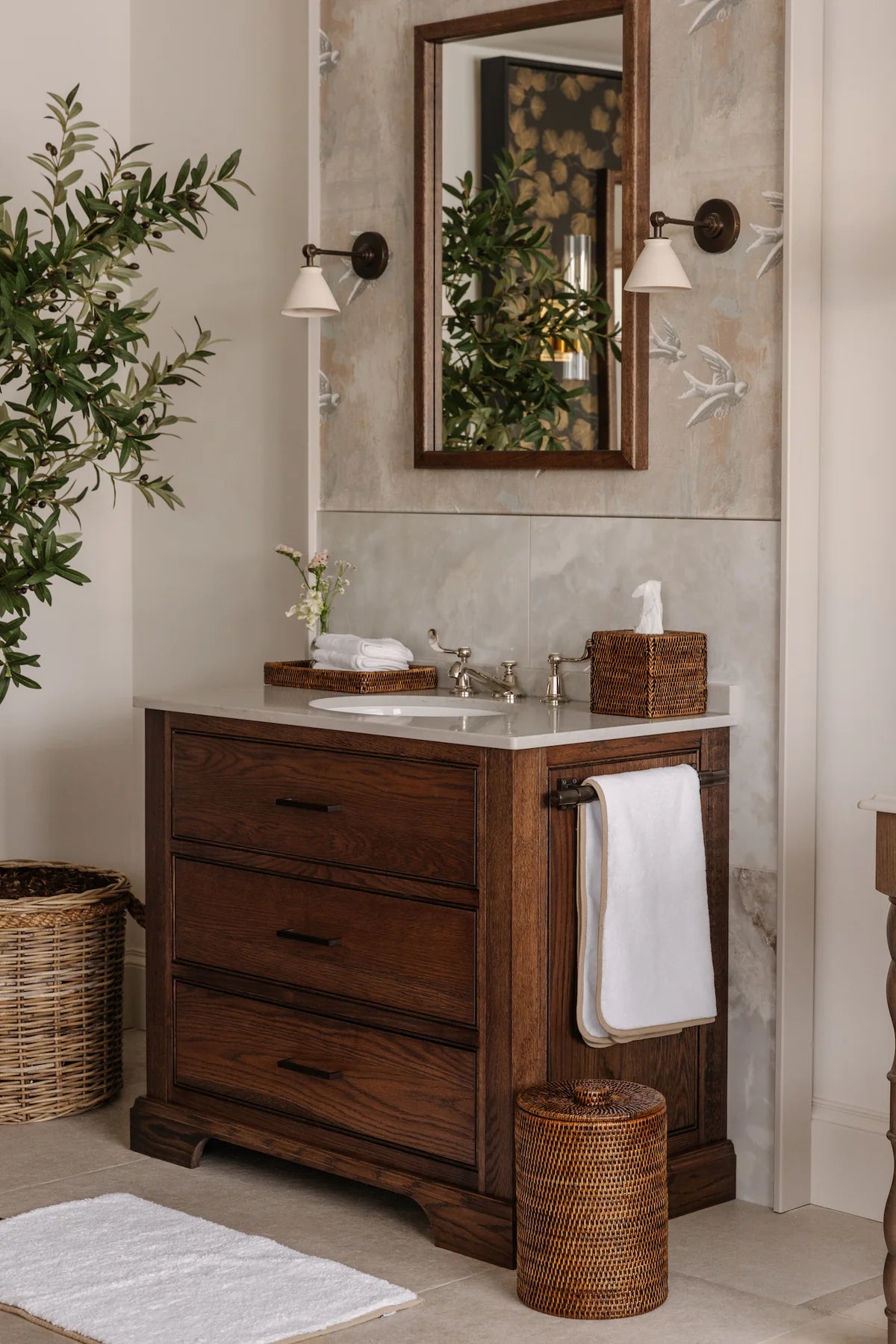 Georgina Bath Towels Taupe, Lifestyle, with Rattan Bathroom Bin