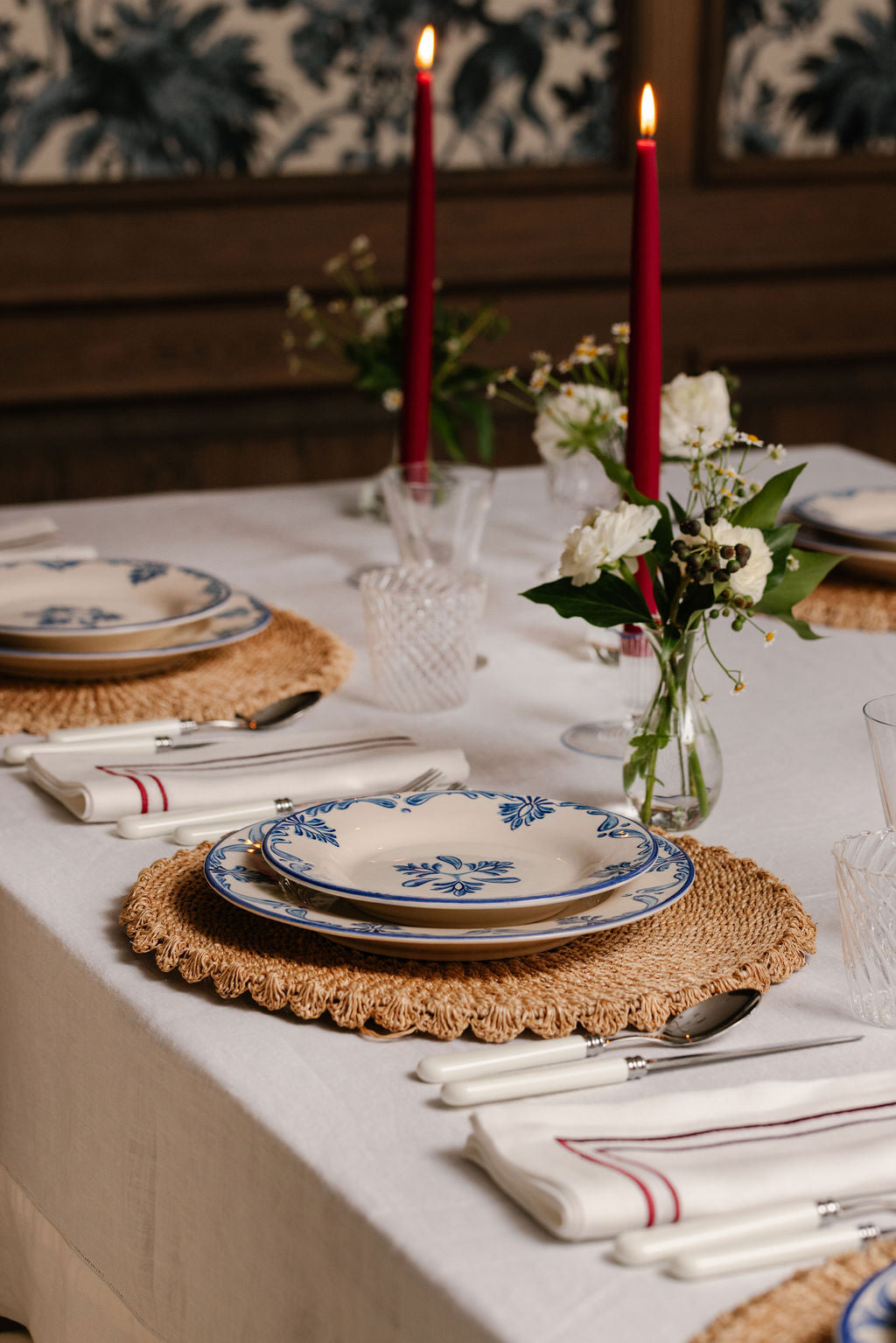 Rebecca Udall Set of 6 35cm Danish Taper Candles, Burgundy with Abaca Placemats
