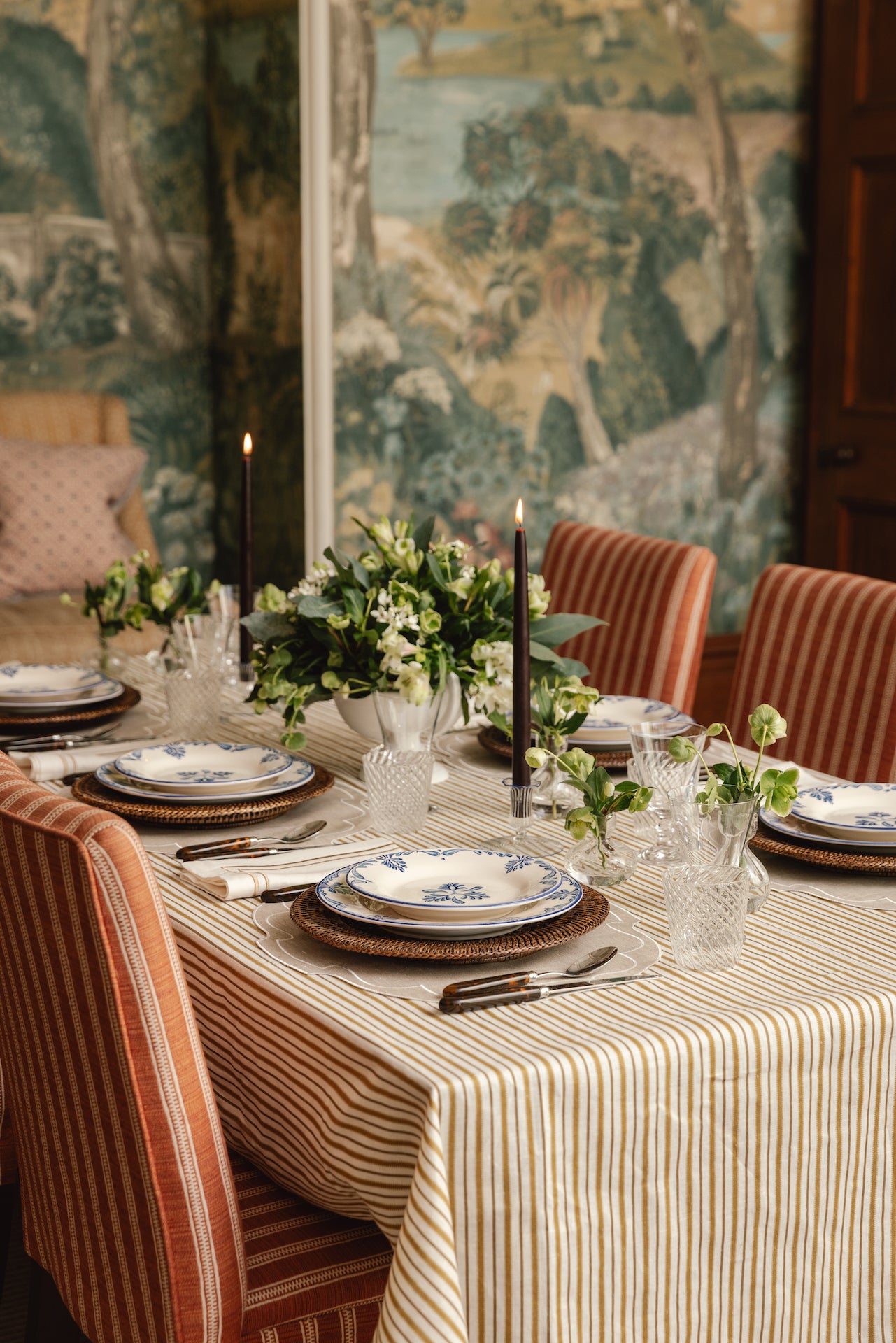 Rebecca Udall Set of 6 35cm Danish Taper Candles, Brown with the Victoria Striped Tablecloth