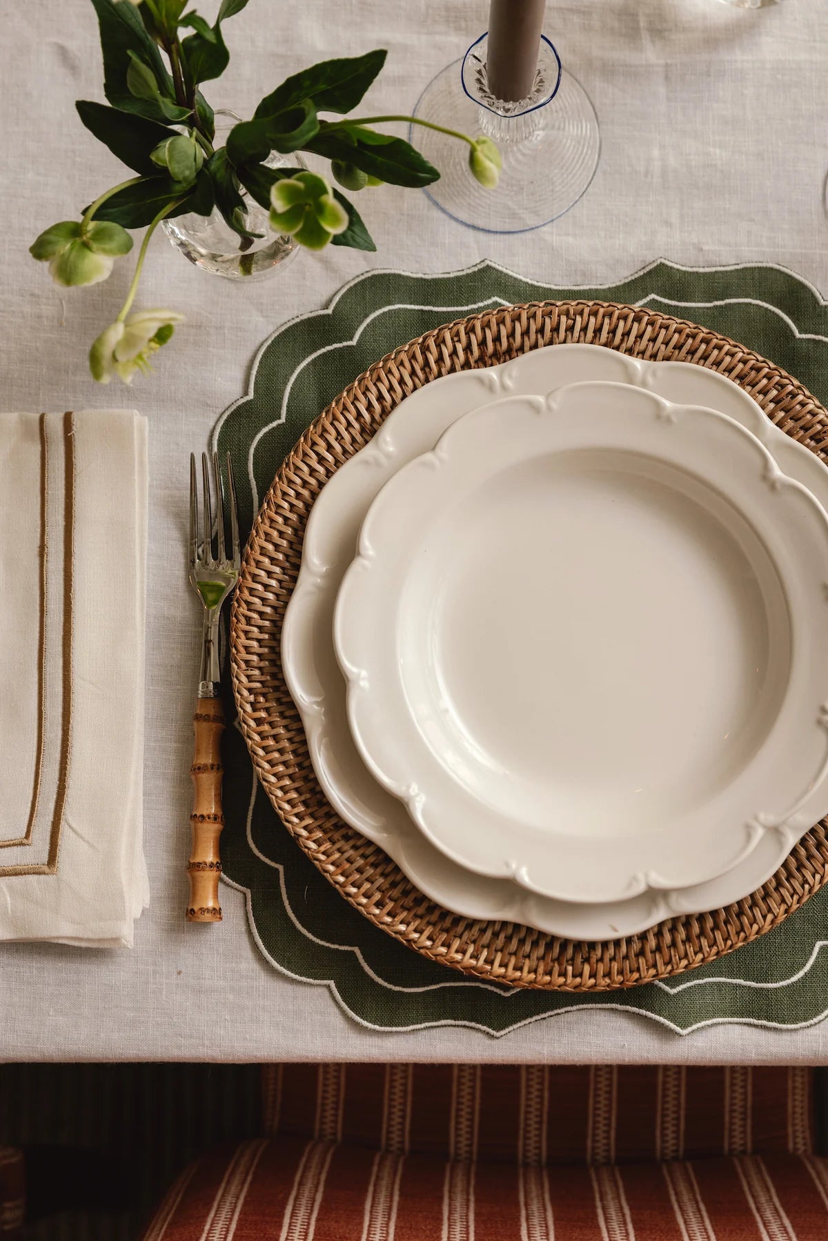 Set of 4 Olivia Scalloped Dessert Plates, White, with Rattan Charger