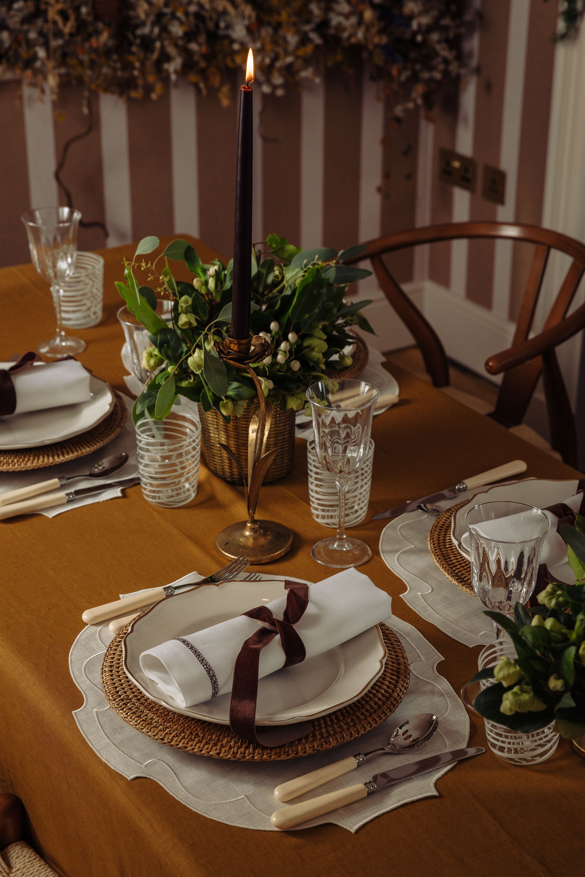 Alicia Murano Glass Tumbler, White, with Mustard Tablecloth