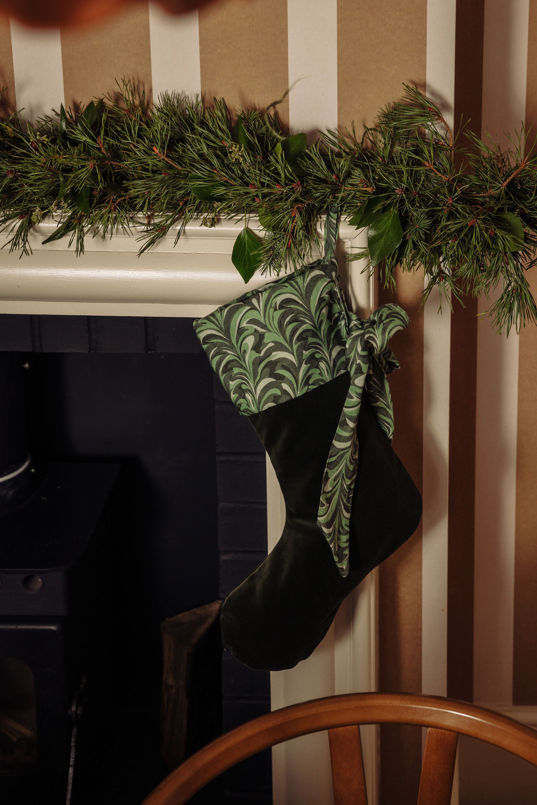 Rebecca Udall Marble Linen & Velvet Bow Christmas Stocking, Green, lifestyle
