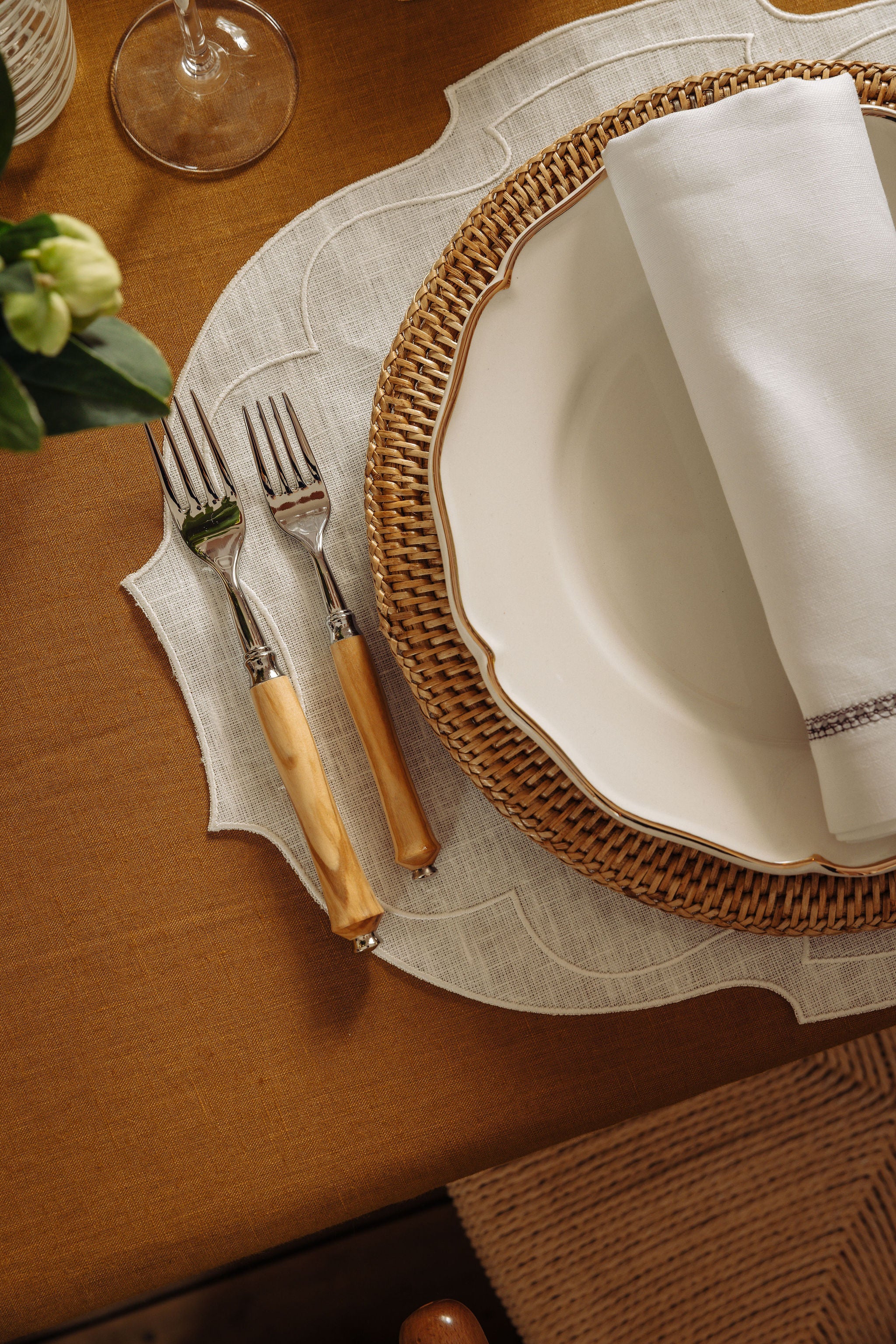 Rebecca Udall Nora Cutlery set & Classic Linen Tablecloth, Tobacco