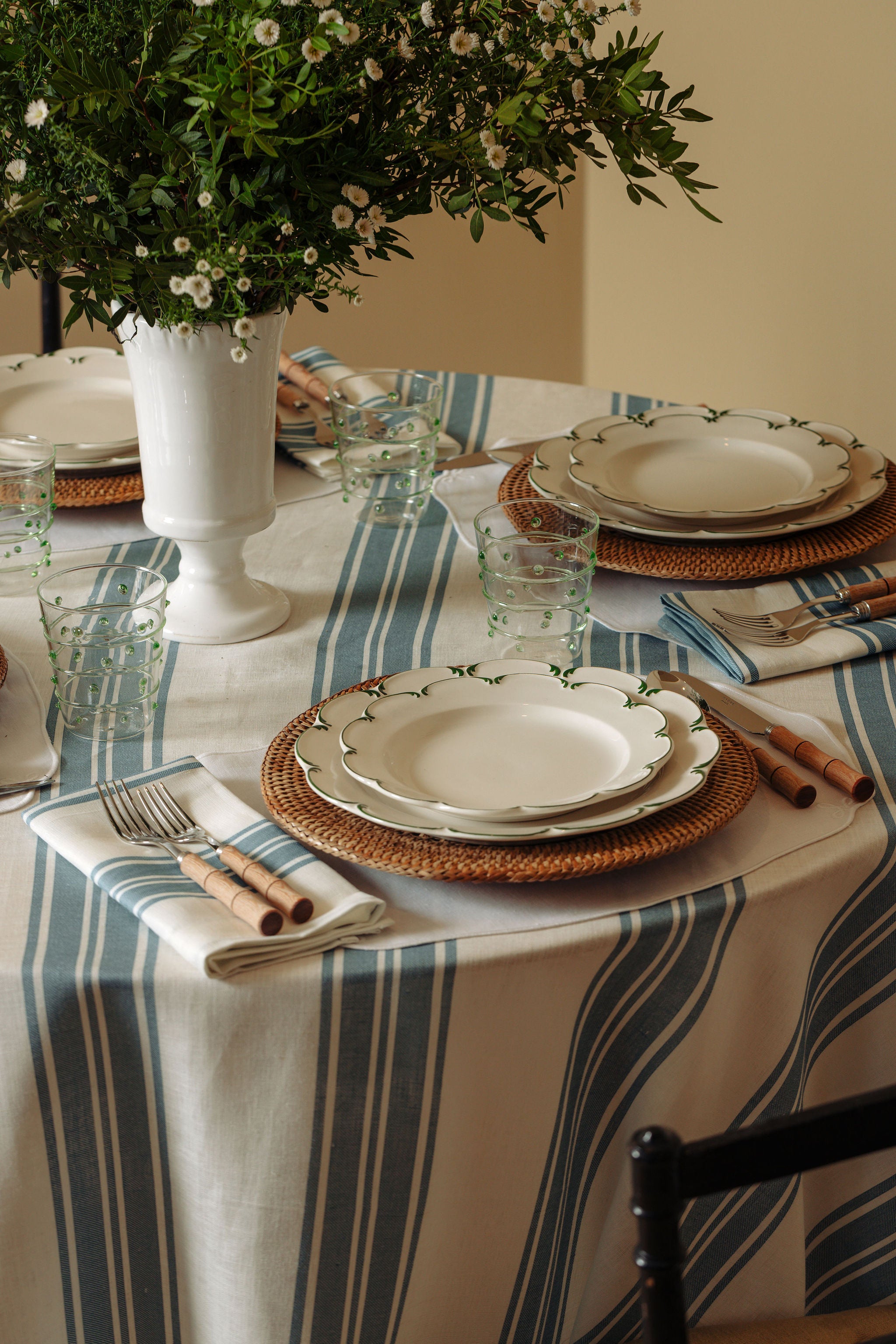 Colette Pleated Striped Linen Round Tablecloth, Harbour Blue