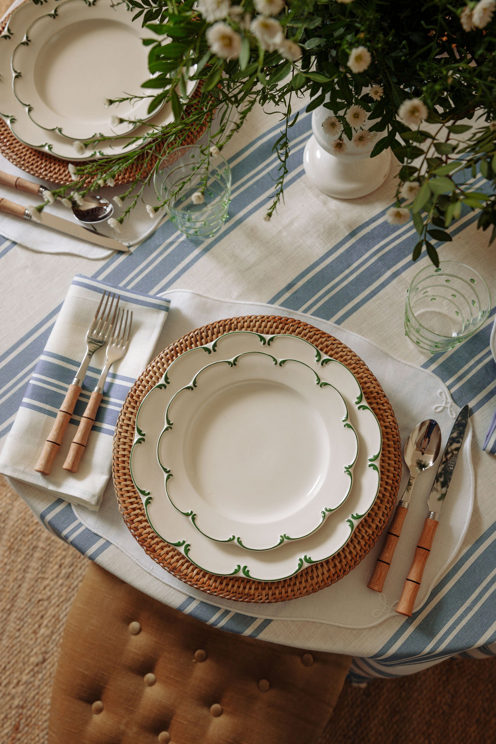 Colette Striped Table Linens, Harbour Blue, with Olivia Crockery and Nancy Placemats