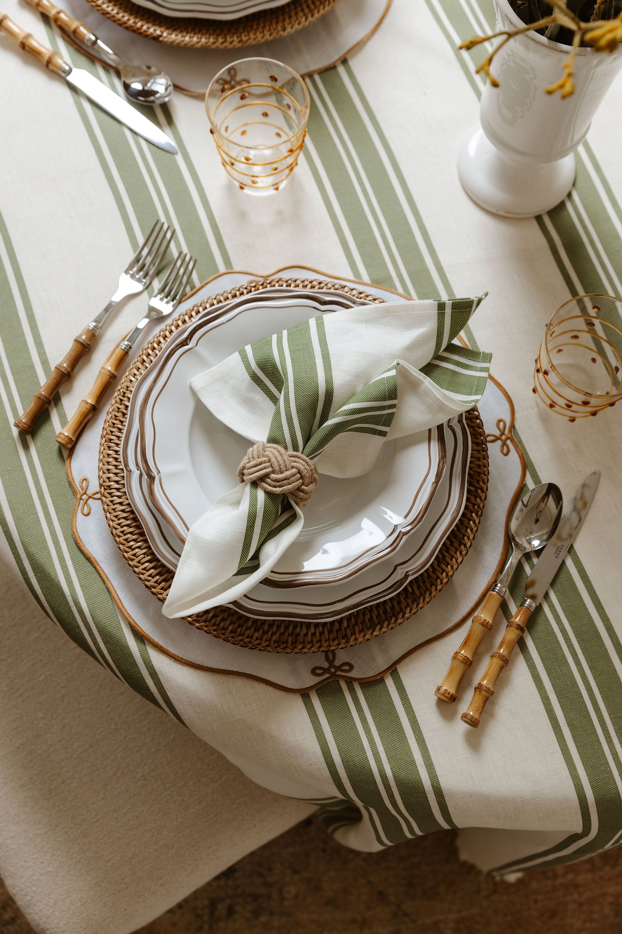 Colette Pleated Striped Linen Round Tablecloth, Olive Green, with Martha Placemat