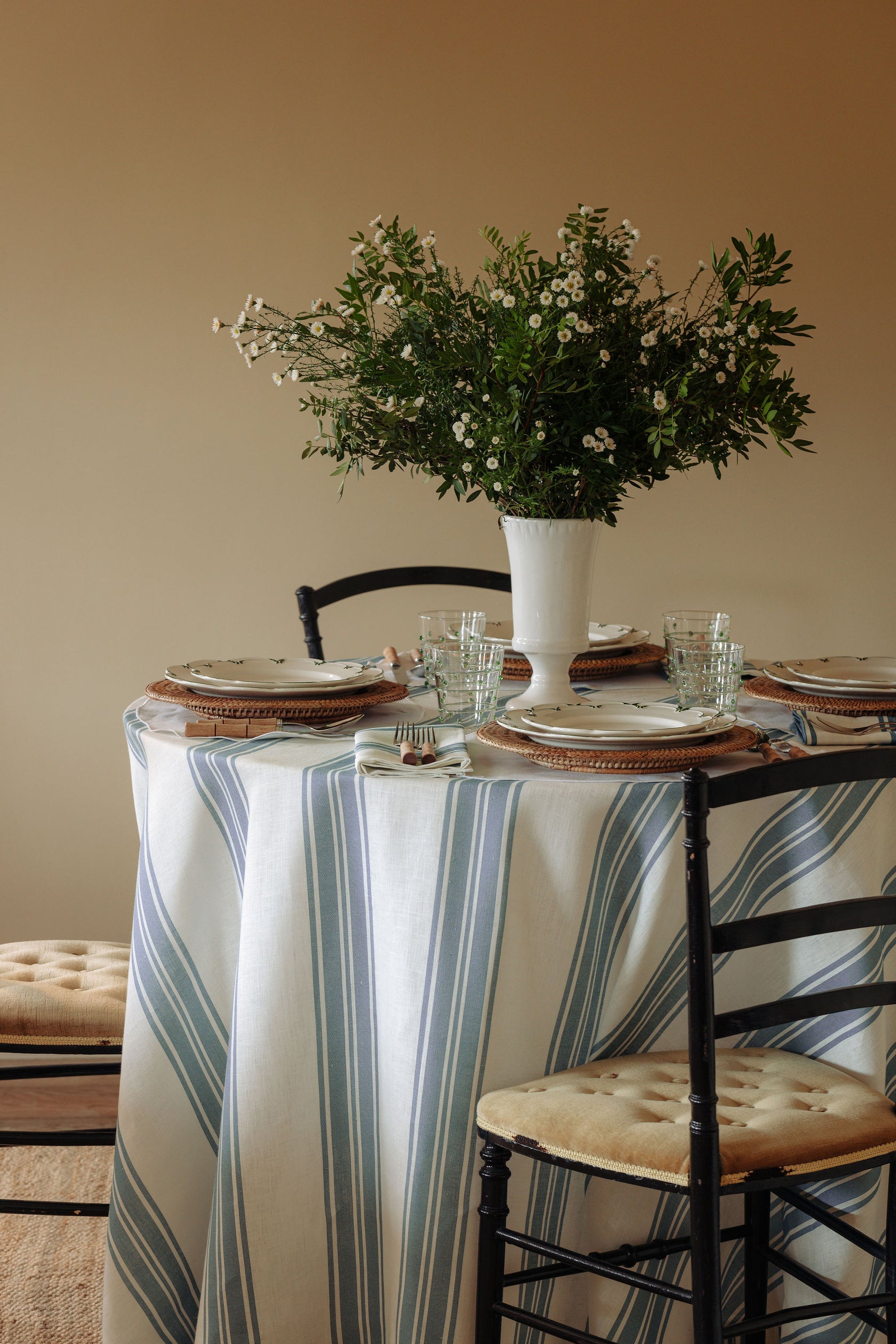 Colette Pleated Striped Linen Round Tablecloth, Harbour Blue, with Flora Vase