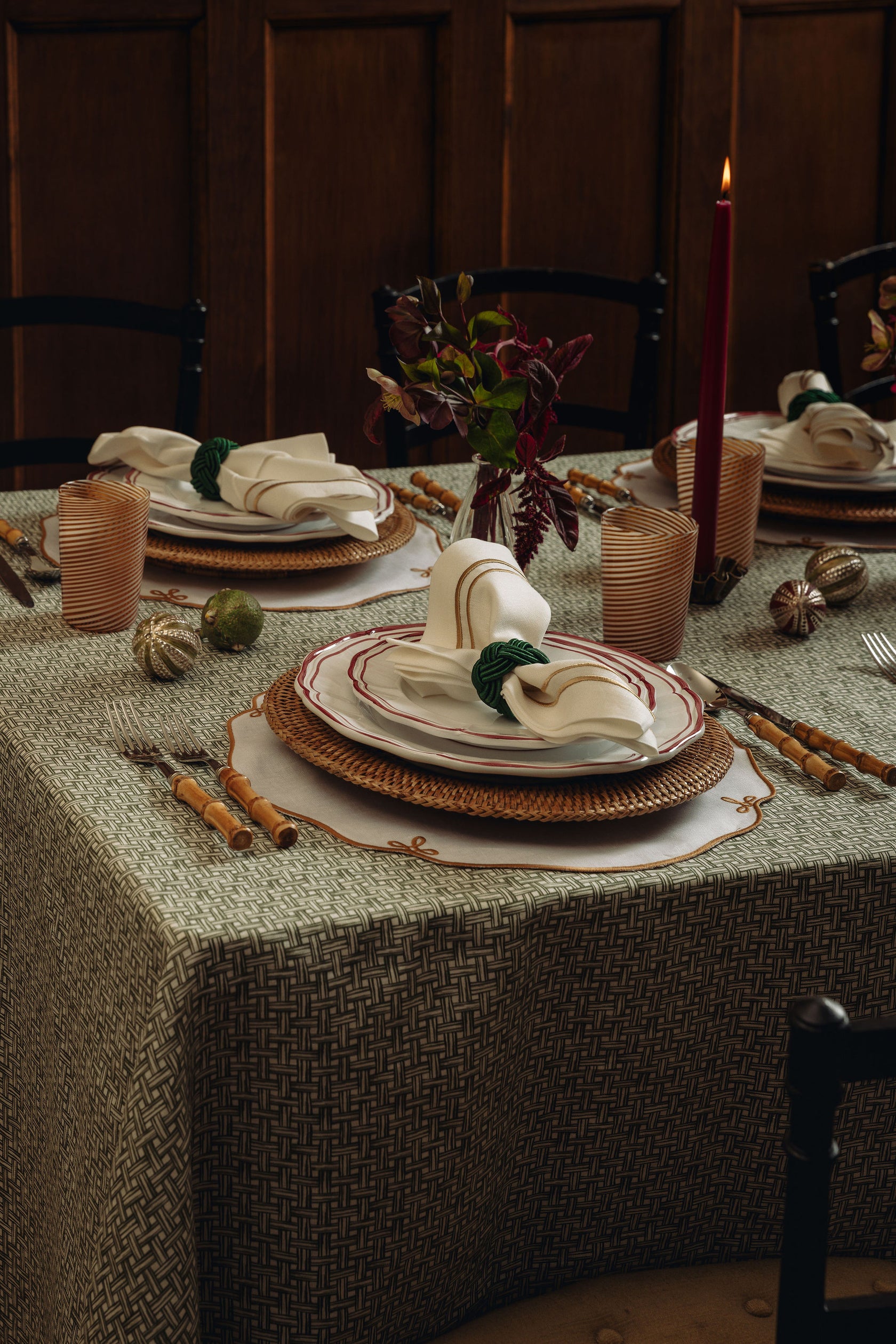 Set of 4 Martha Linen Placemats, White/Antique Gold