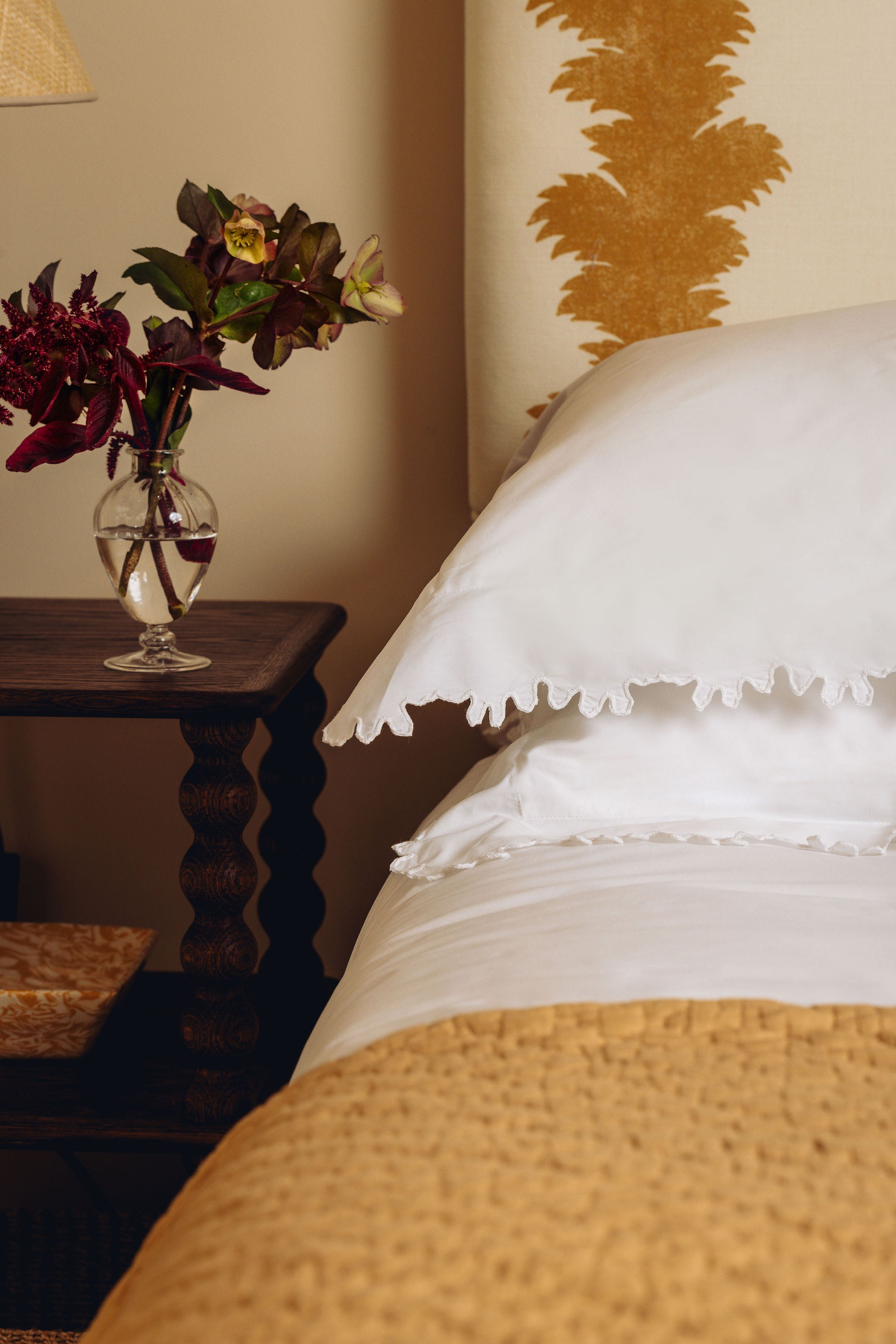 Thea Scalloped Bed Linen, White, with Bud Vase