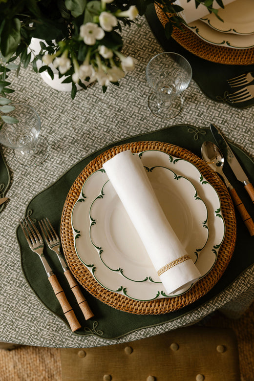 Set of 4 Nancy Linen Placemats, Forest Green, with Basketweave Tablecloth