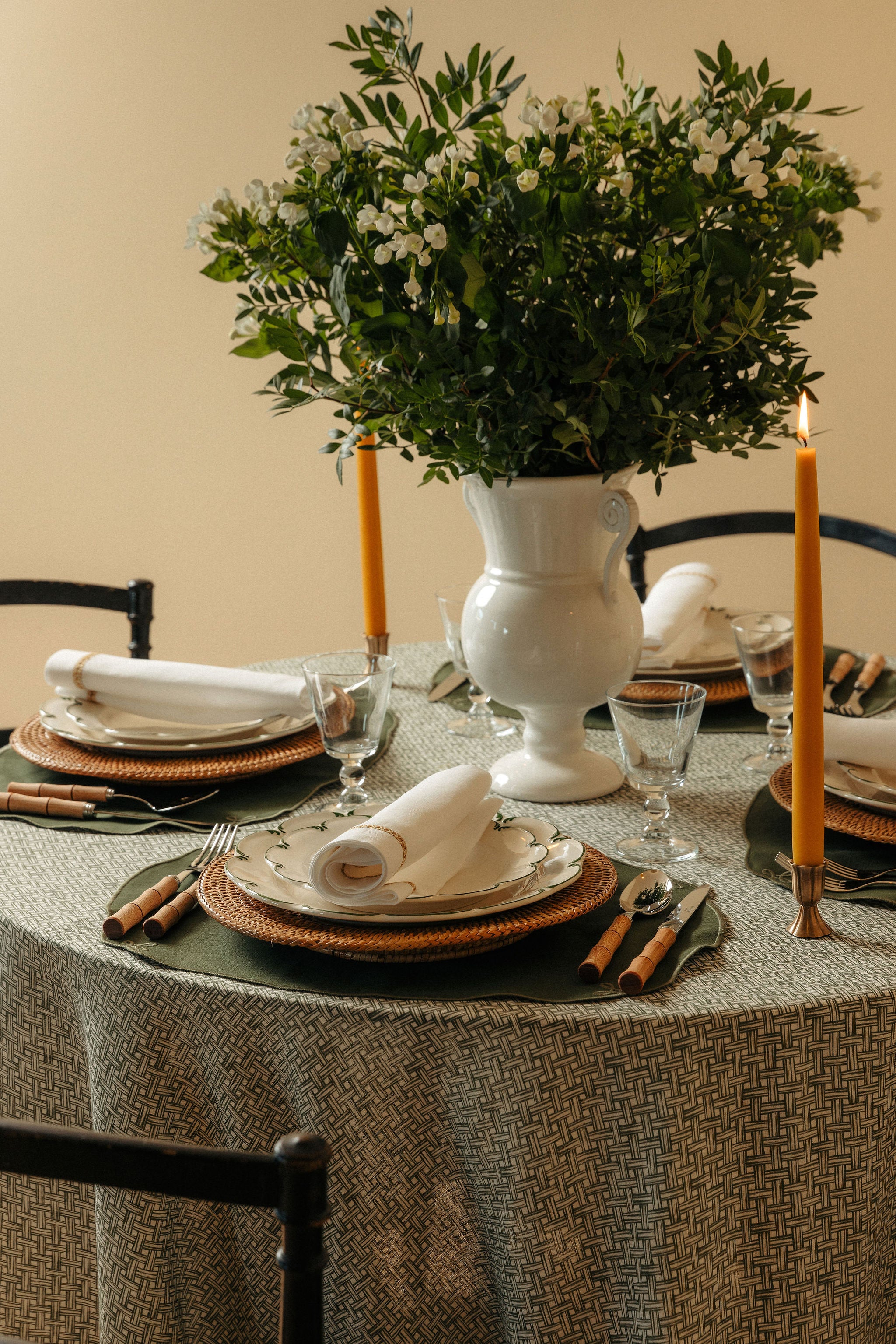Basketweave Pleated Round Linen Tablecloth, Vine Green