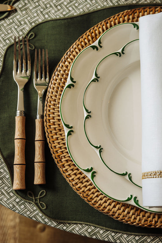 Set of 4 Nancy Linen Placemats, Forest Green, with Olivia Crockery