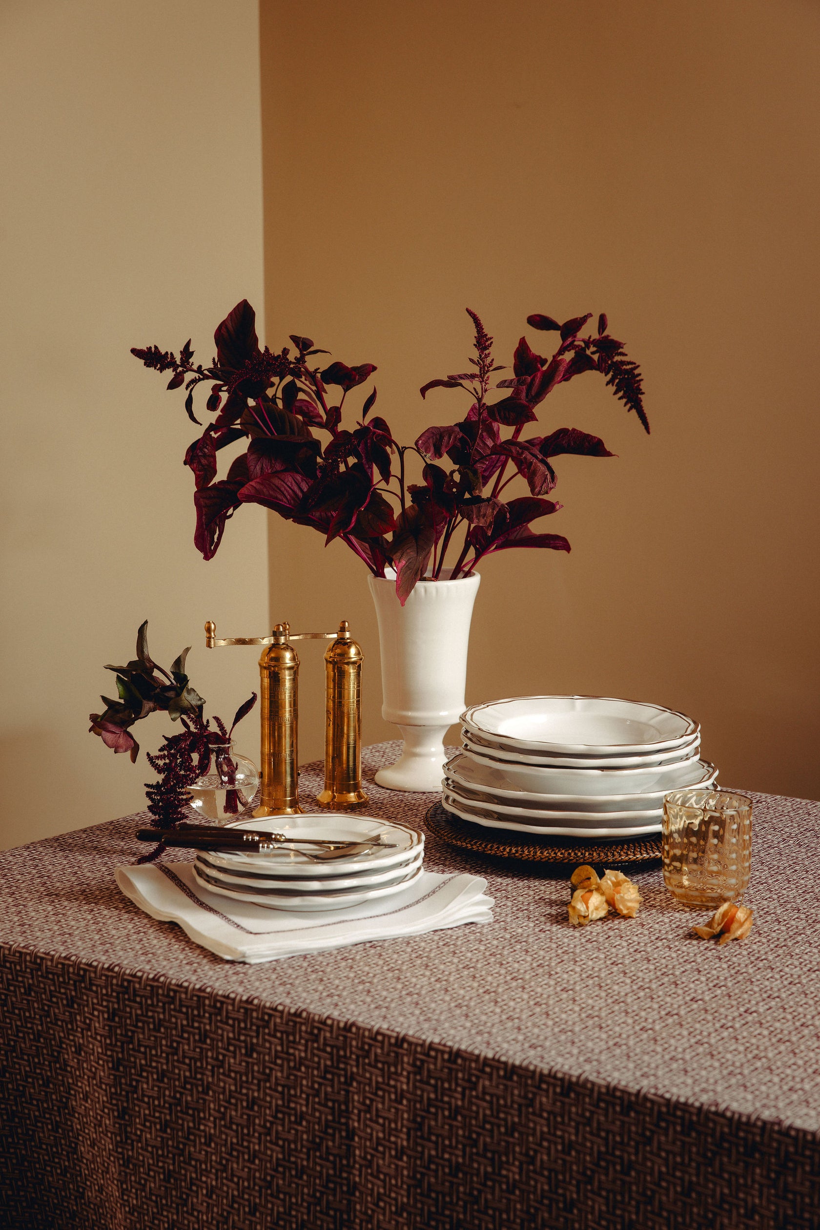 Basketweave Linen Tablecloth, Burgundy with Zita Crockery