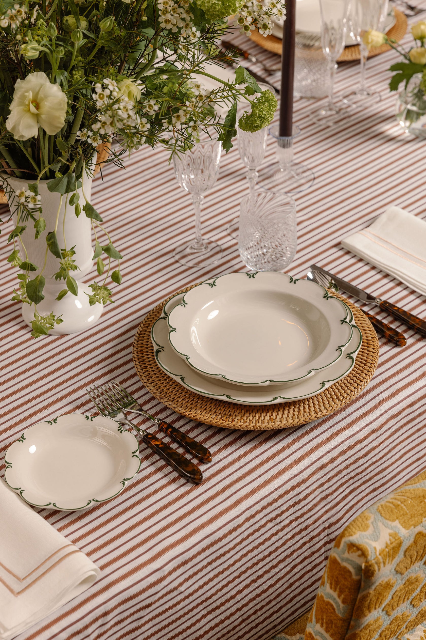 Rebecca Udall Victoria Striped Linen Tablecloth, Dusty Rosewood, Rebecca Udall with Olivia Scalloped Crockery