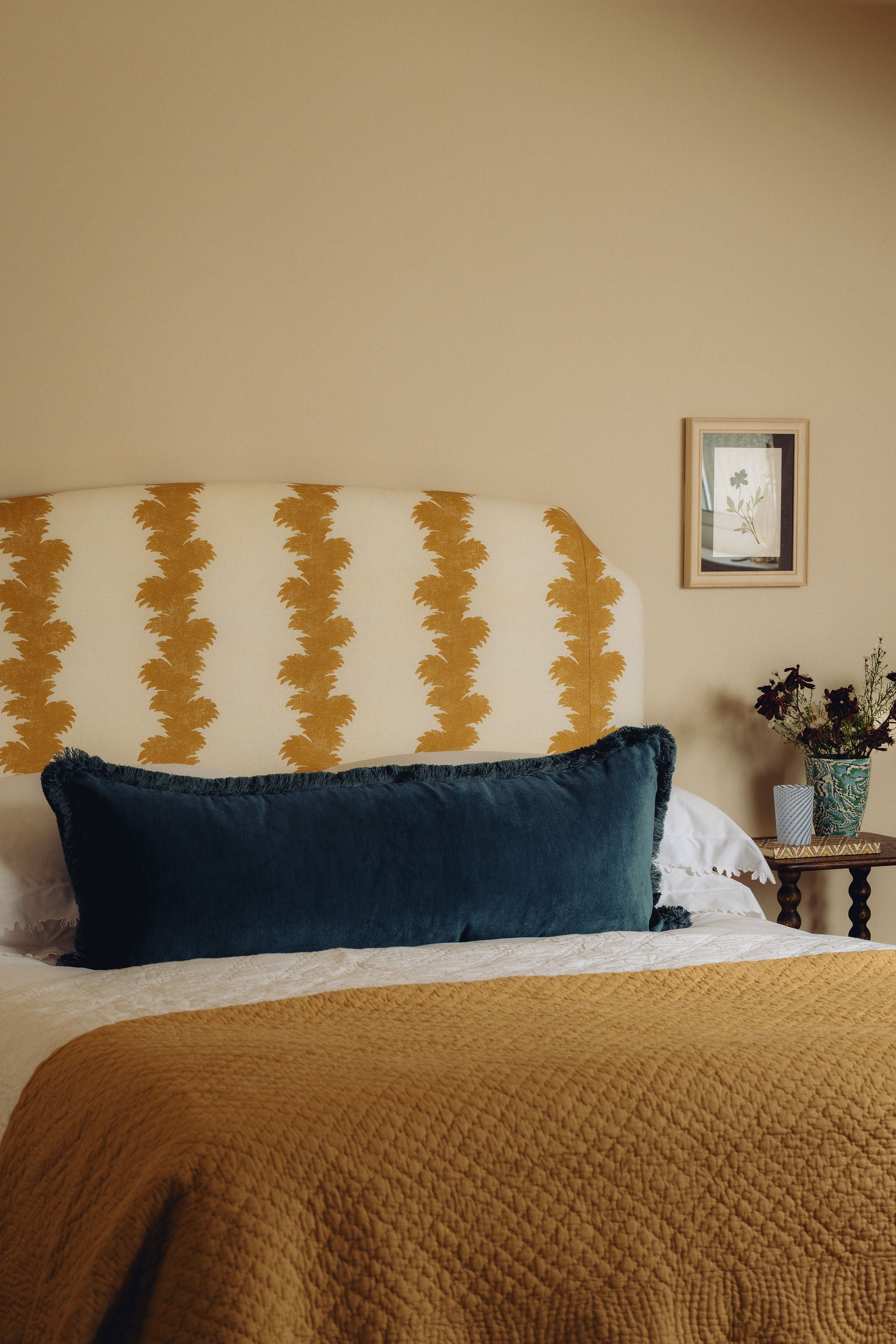 Lola Brushed Fringe Linen Velvet Lumbar Cushion, Denim Blue