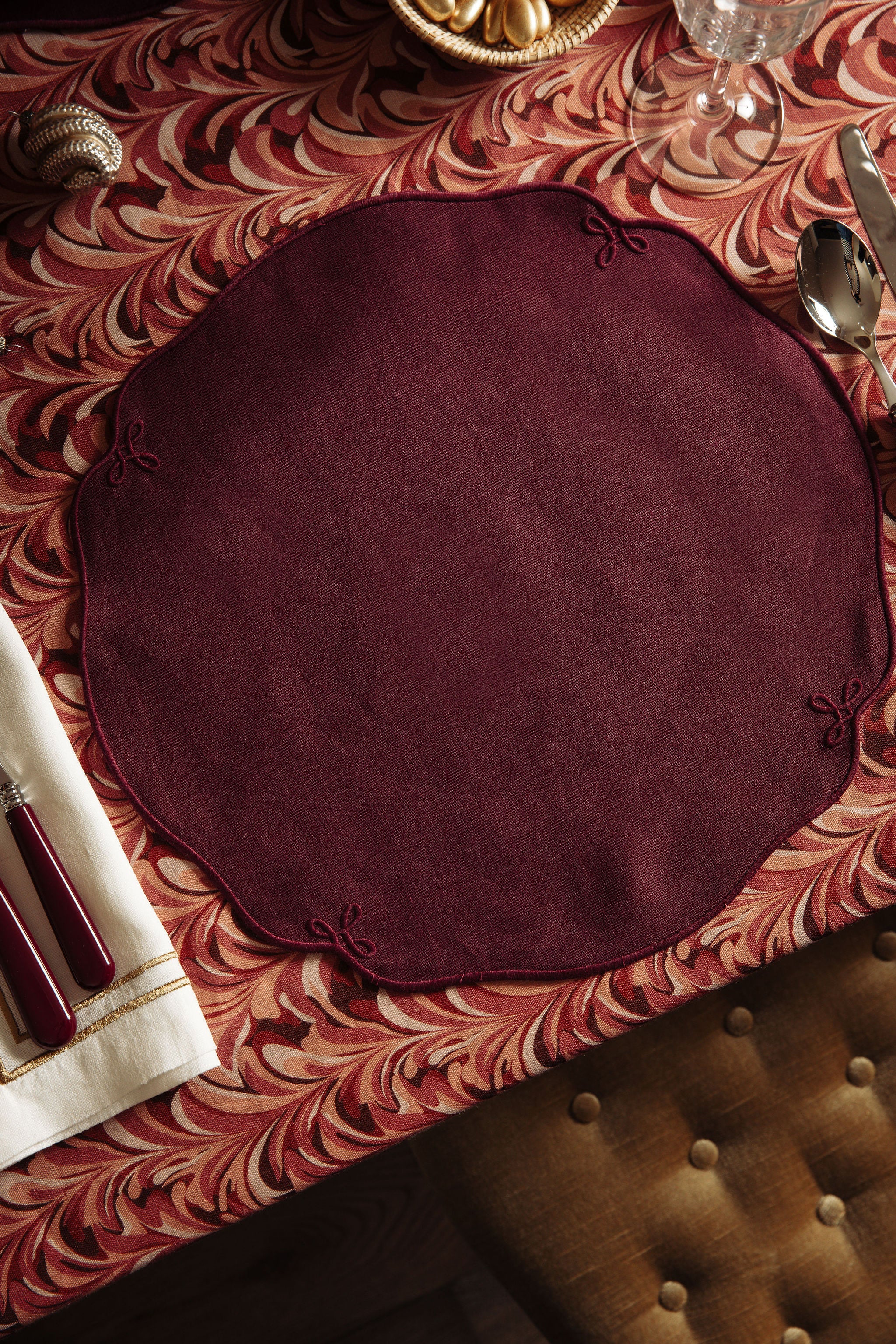 Set of 4 Martha Linen Placemats, Burgundy, with Marble Linen Tablecloth