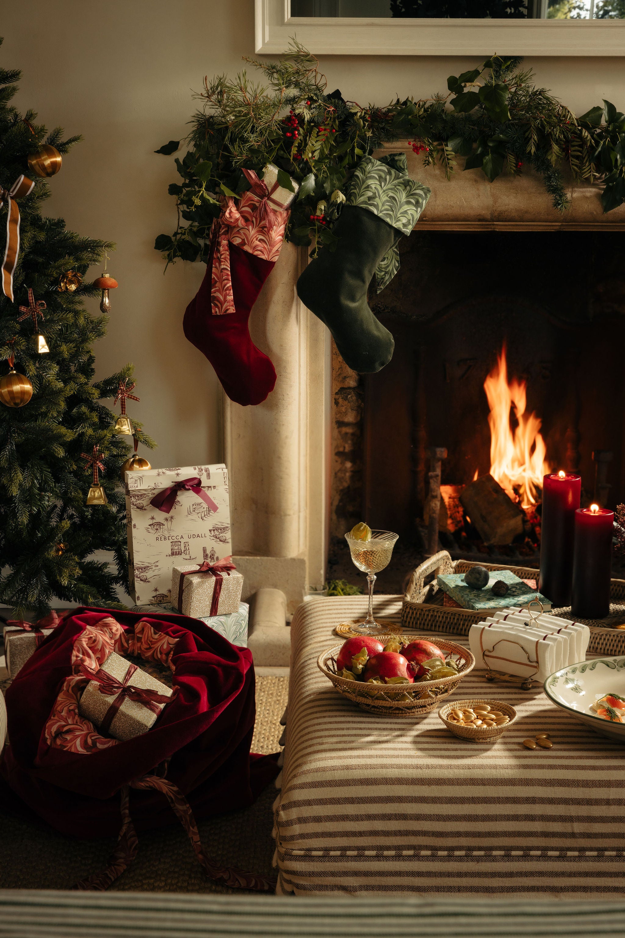 Rebecca Udall Marble Linen & Velvet Bow Christmas Stocking, Burgundy and Marble Linen & Velvet Christmas Sack, Burgundy