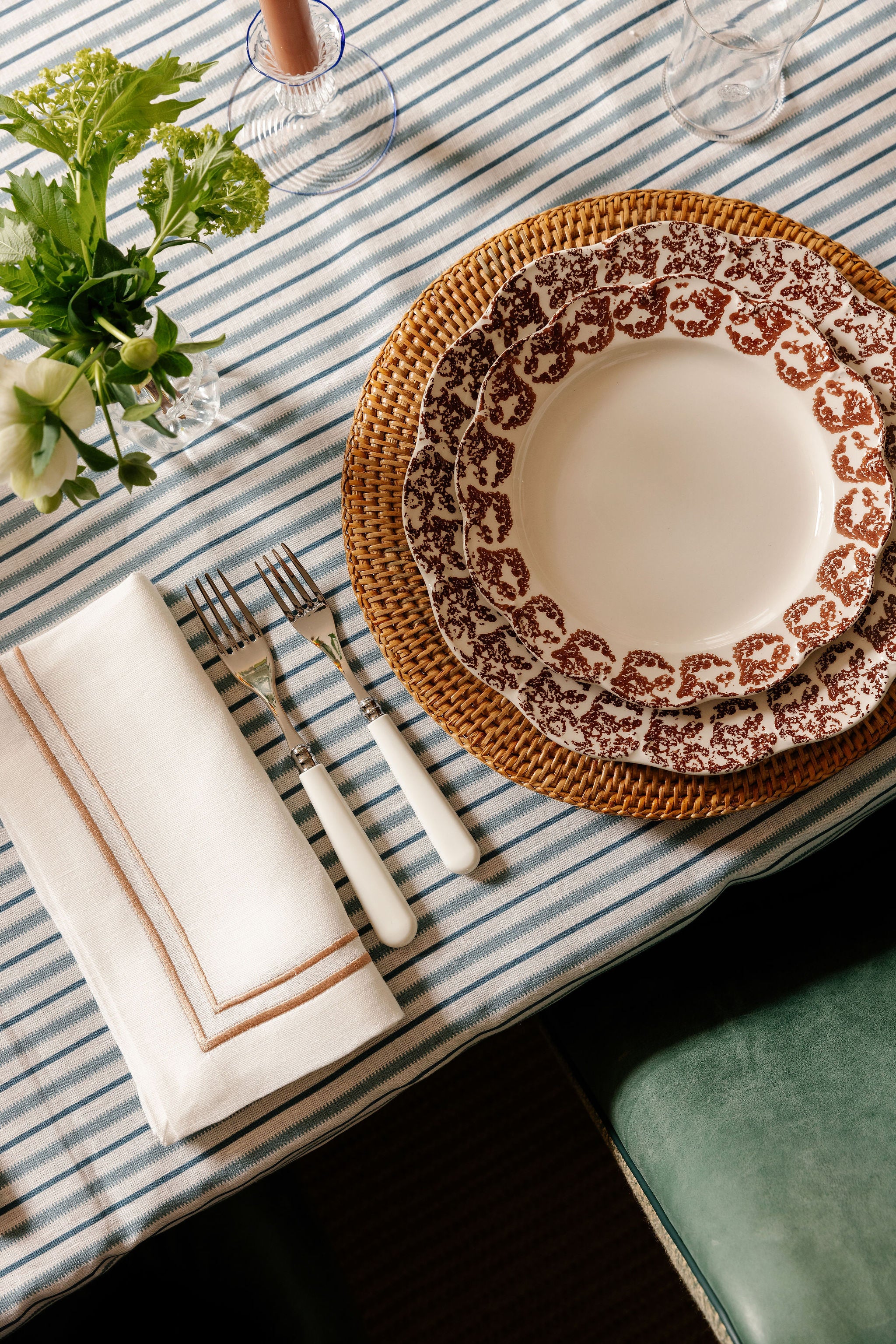 Rebecca Udall Victoria Striped Linen Tablecloth, Blue with Josephine Crockery