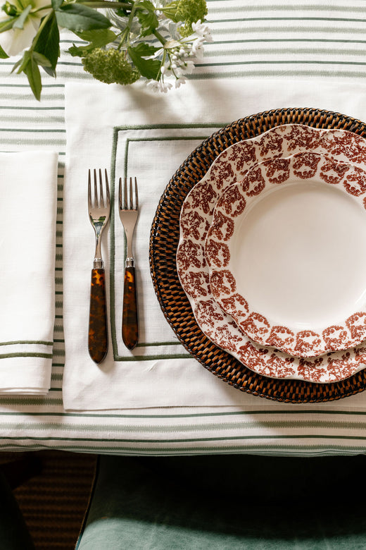 Rebecca Udall Victoria Striped Linen Tablecloth, Chalk & Moss Green with Josephine Crockery