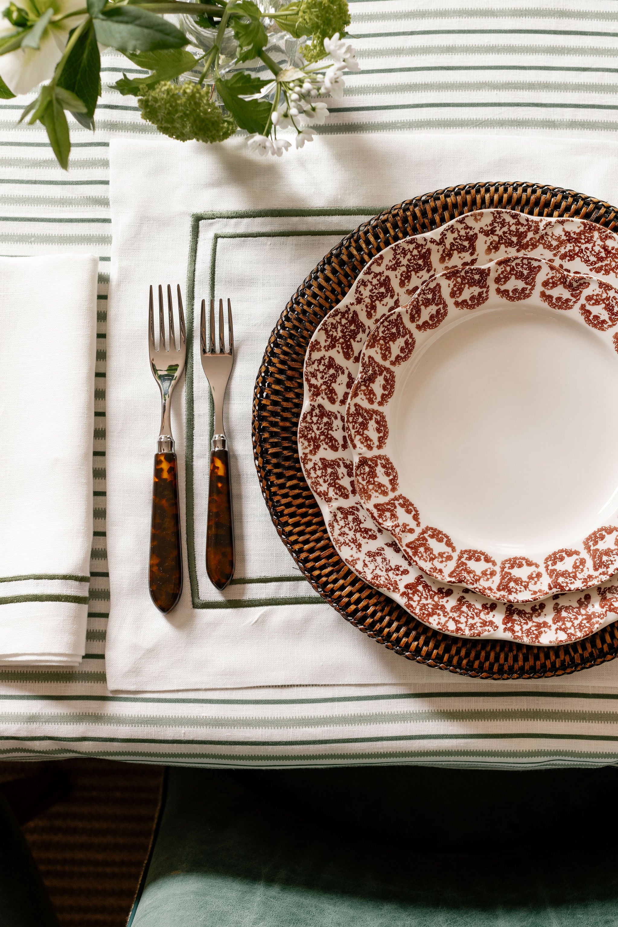 Rebecca Udall Victoria Striped Linen Tablecloth, Chalk & Moss Green with Josephine Crockery