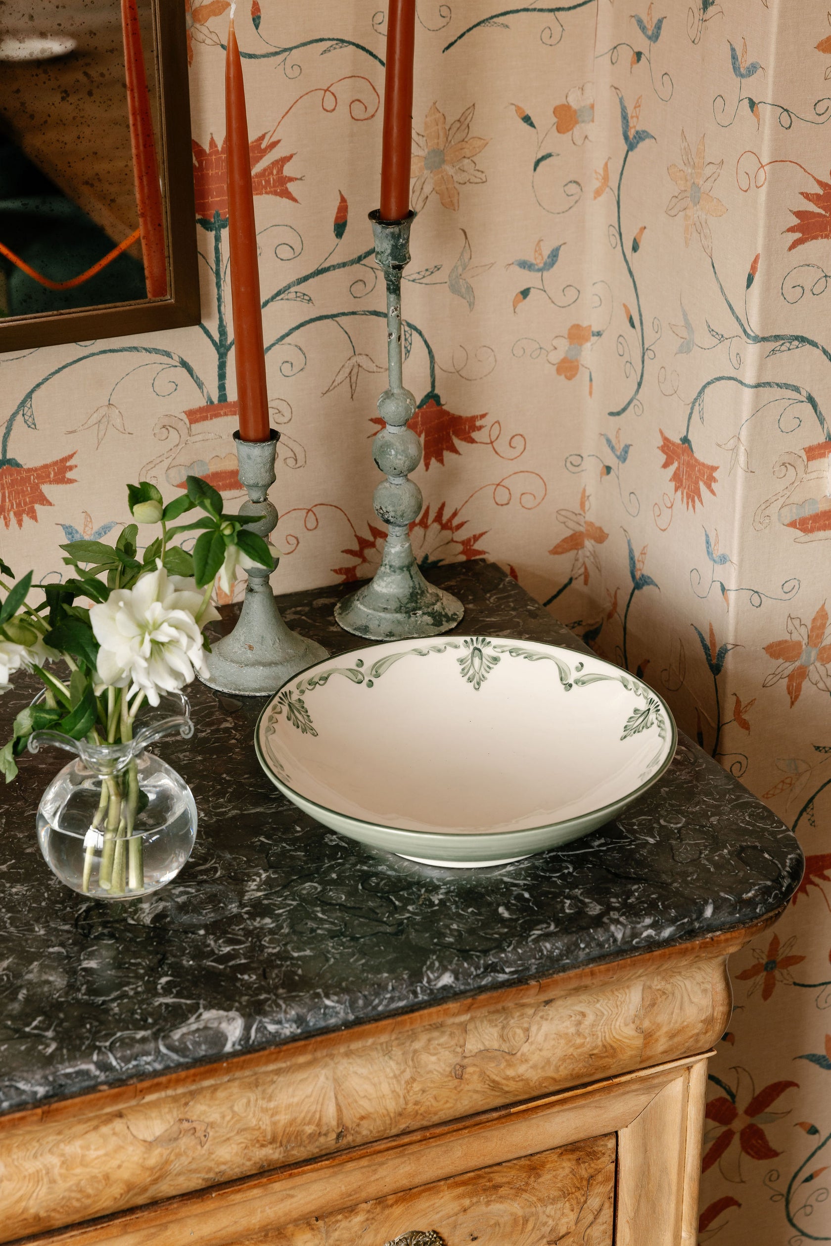 Rebecca Udall Eleanor Serving Bowl, with the Elizabeth Handblown Vase with the Taper Candles