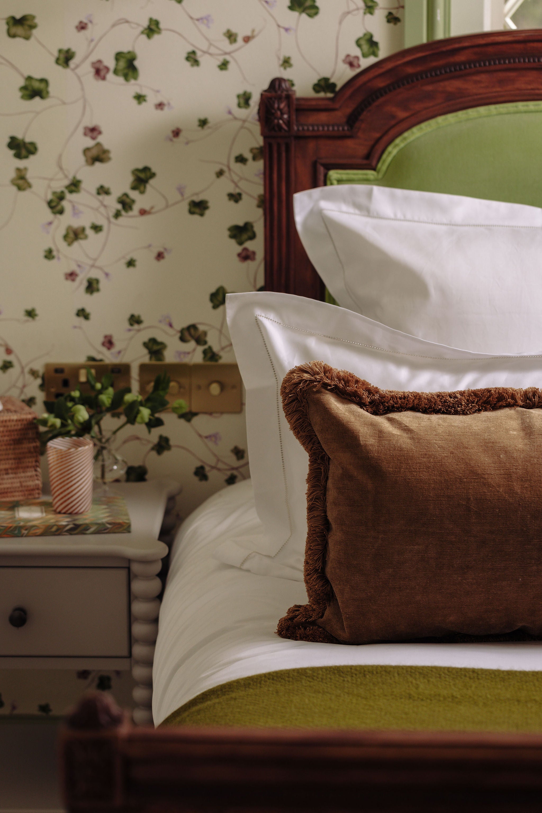 Rebecca Udall Lola Brushed Fringe Linen Velvet Cushion, Classic Rectangular, Nougat, bedroom lifestyle, with Alpaca Throw