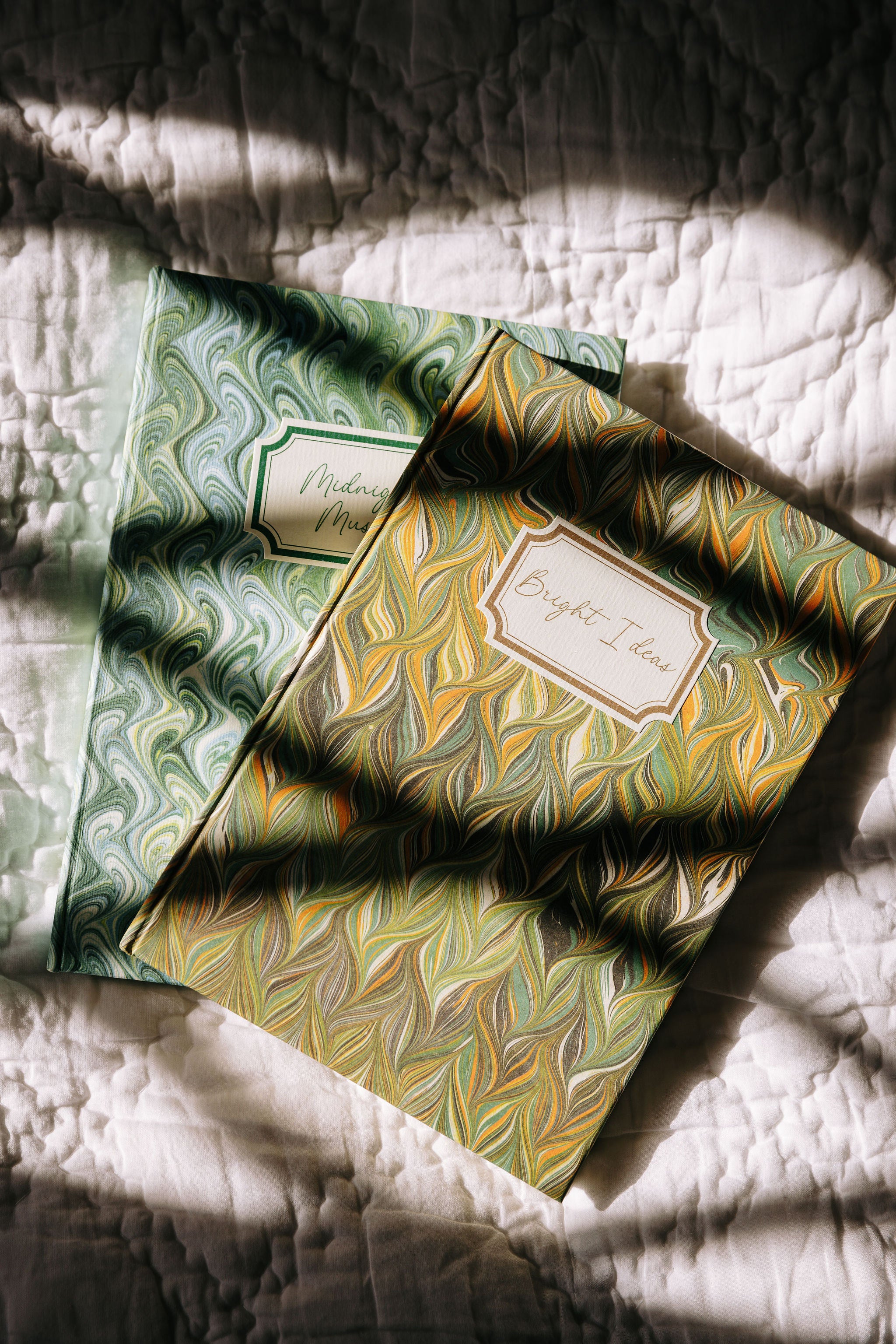 Bright Ideas Notebook, Marble Green/Yellow, with Bedspread, Bedroom Lifestyle