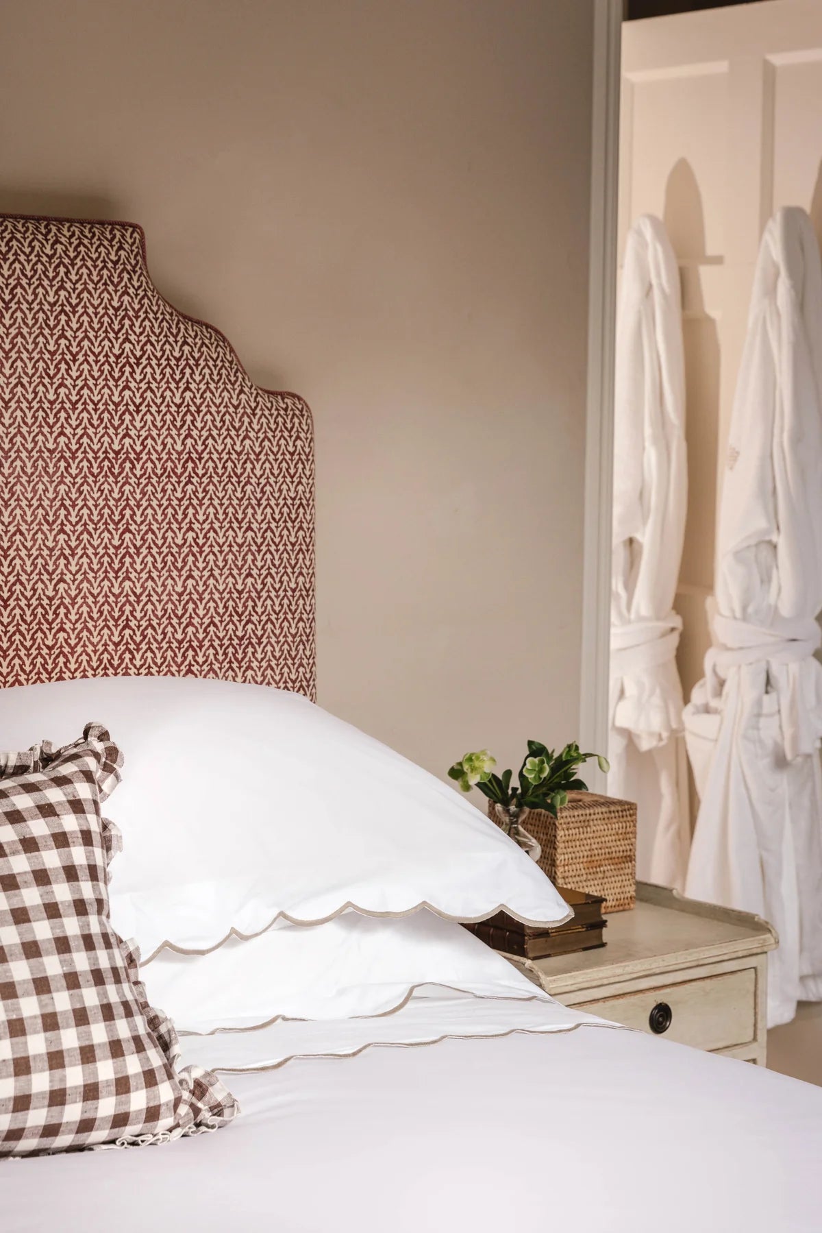 Annabelle Scalloped Bed Linen, Taupe, Bedroom Lifestyle, with Rattan Tissue Box