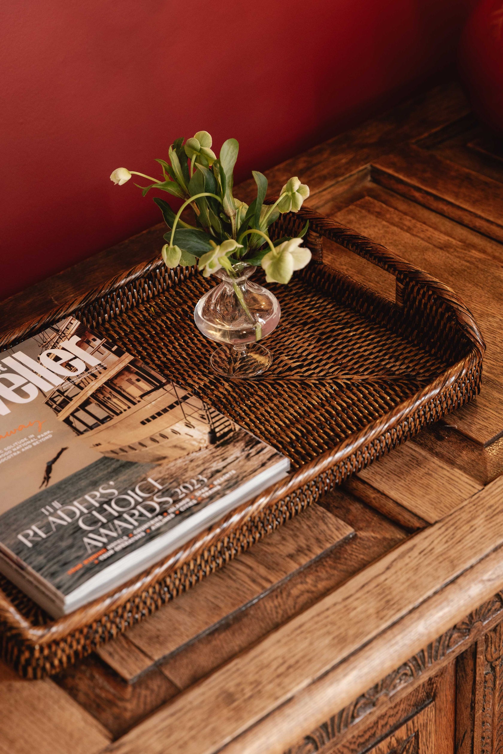 Rebecca Udall, Luxury Classic Handwoven Rattan Wicker Tray Close Up Counter Display